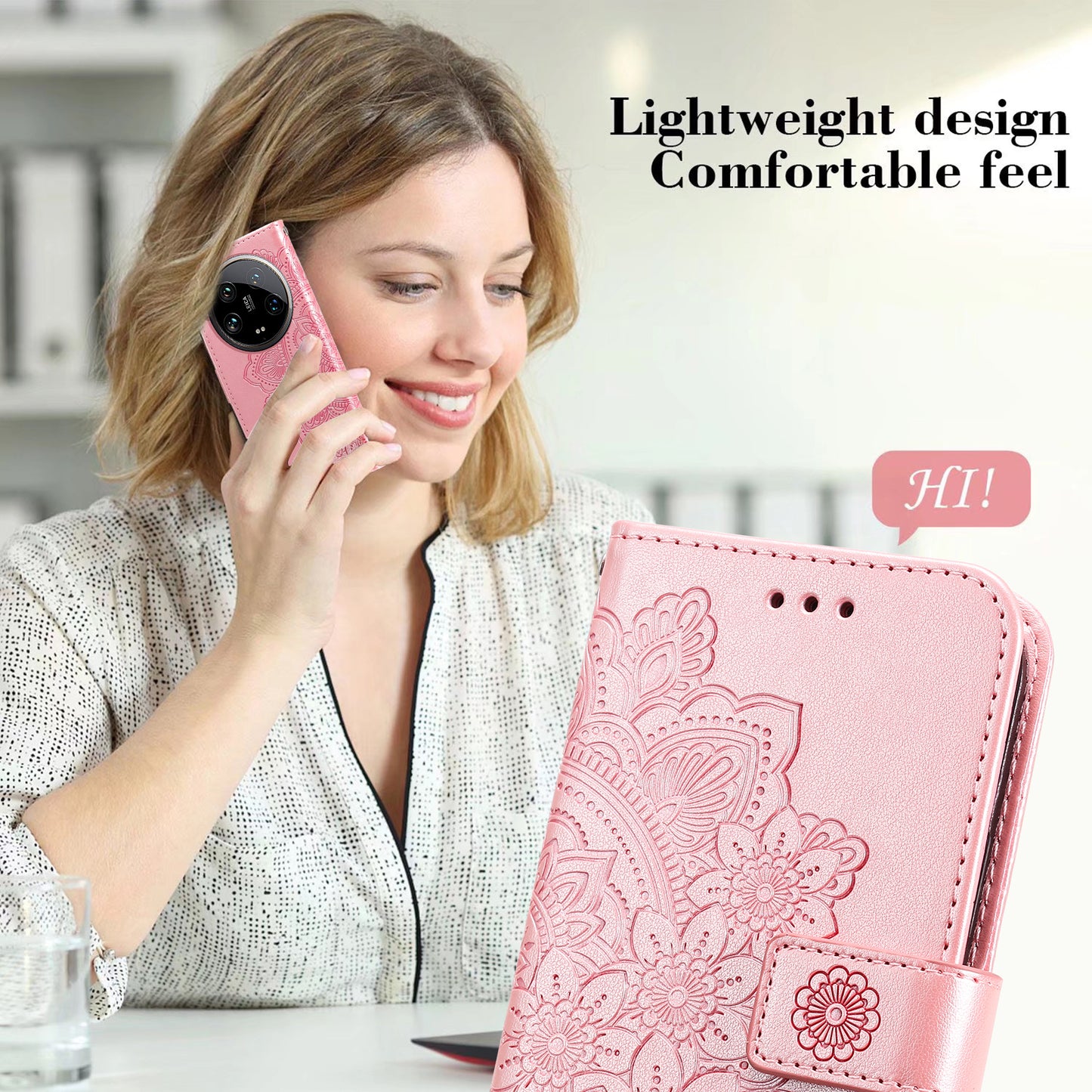 For Xiaomi 14 Ultra Wallet Case Flower Imprinted Leather Phone Cover - Pink