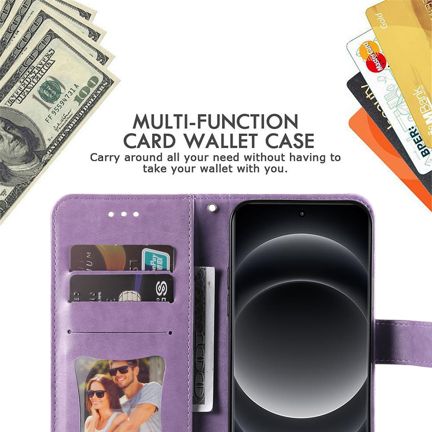 For Xiaomi 14 Ultra Wallet Case Flower Imprinted Leather Phone Cover - Purple