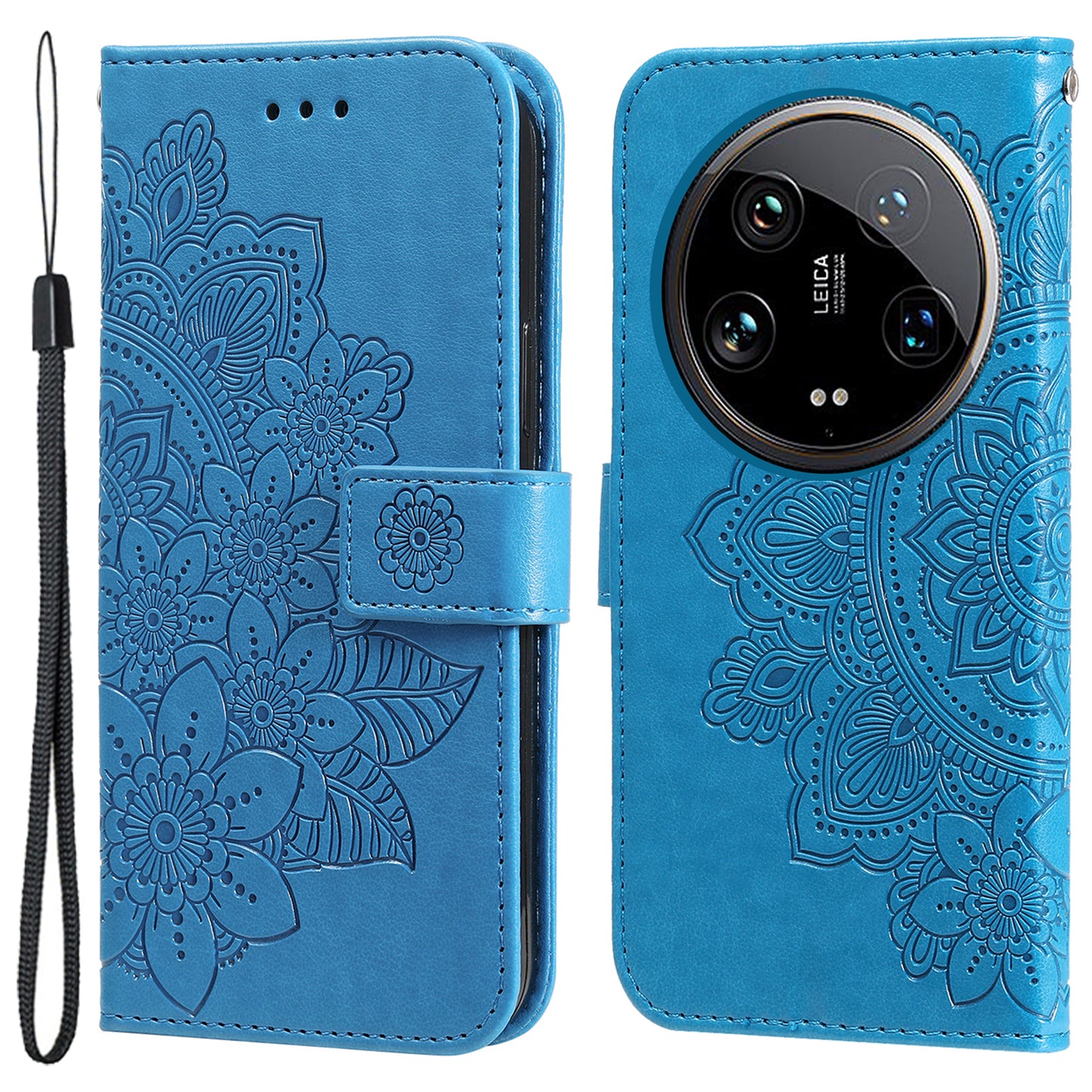 For Xiaomi 14 Ultra Wallet Case Flower Imprinted Leather Phone Cover - Blue