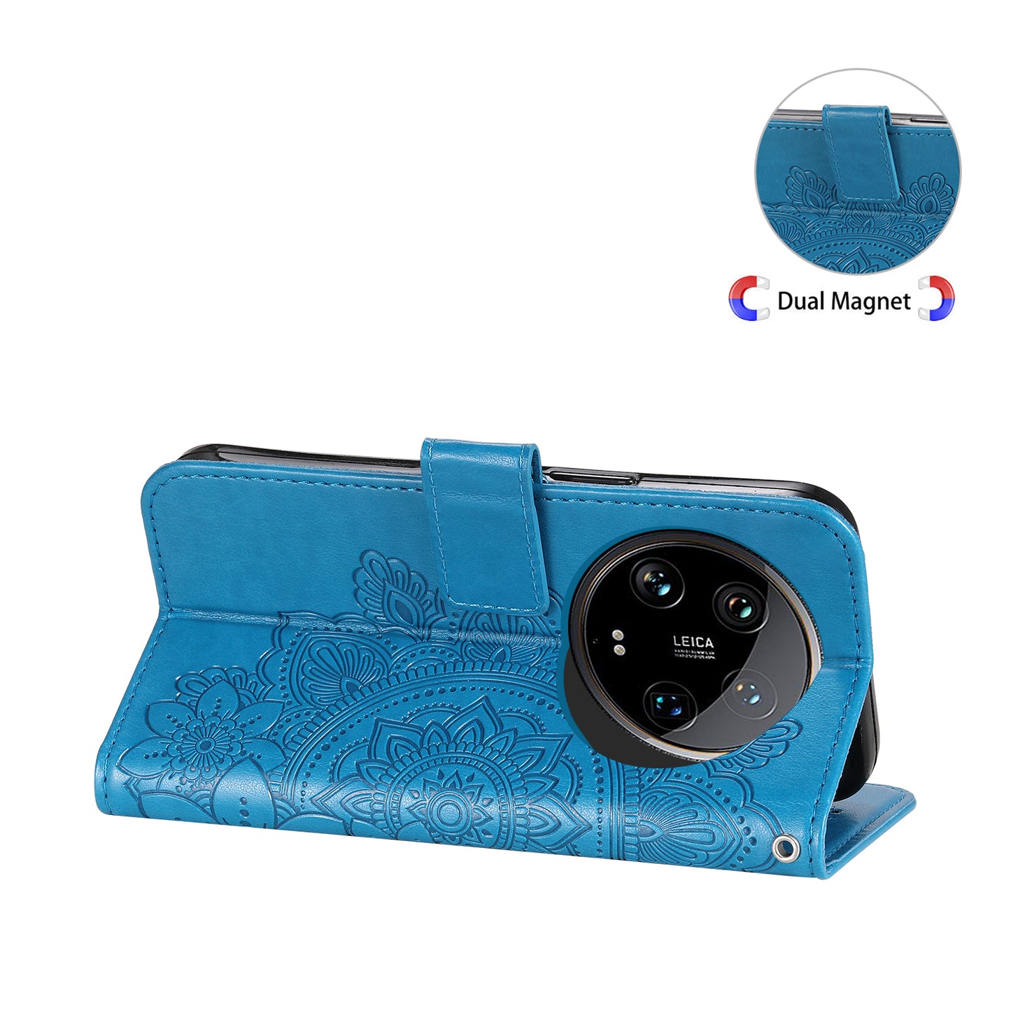 For Xiaomi 14 Ultra Wallet Case Flower Imprinted Leather Phone Cover - Blue