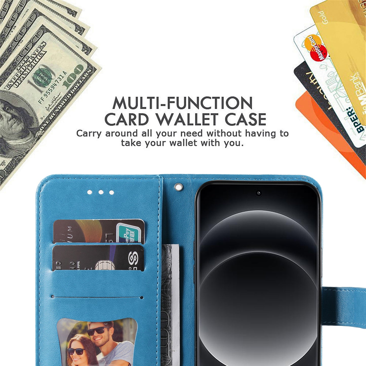 For Xiaomi 14 Ultra Wallet Case Flower Imprinted Leather Phone Cover - Blue