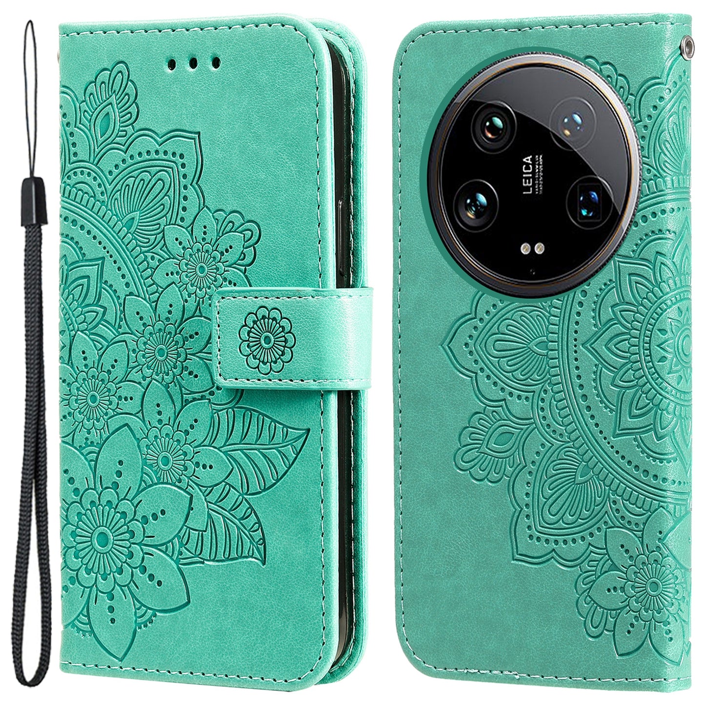 For Xiaomi 14 Ultra Wallet Case Flower Imprinted Leather Phone Cover - Green