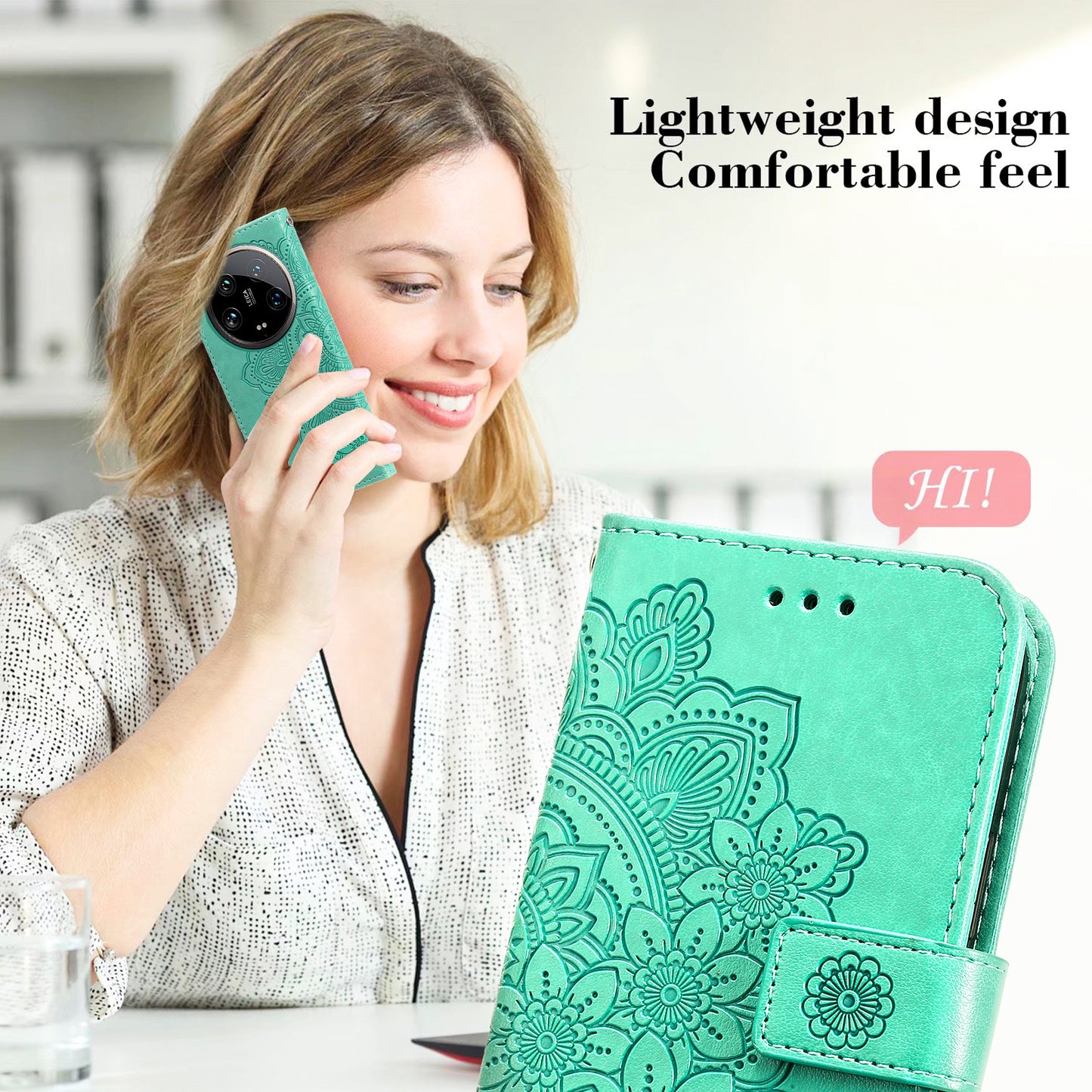 For Xiaomi 14 Ultra Wallet Case Flower Imprinted Leather Phone Cover - Green