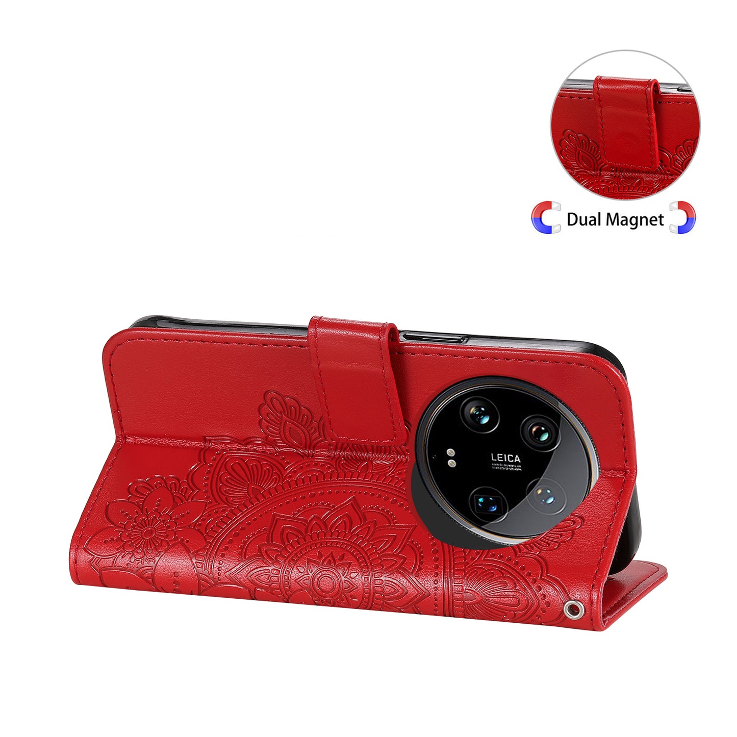 For Xiaomi 14 Ultra Wallet Case Flower Imprinted Leather Phone Cover - Red