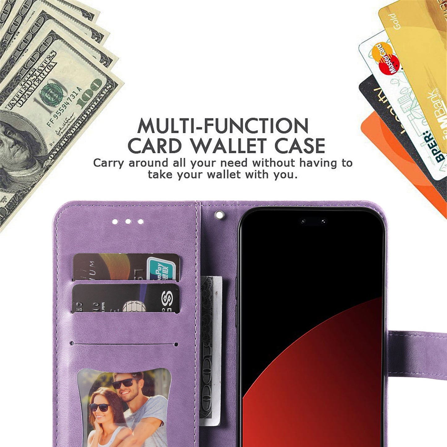 For Xiaomi Civi 4 Pro 5G Case Imprinted Flower Pattern Card Holder Phone Cover - Purple