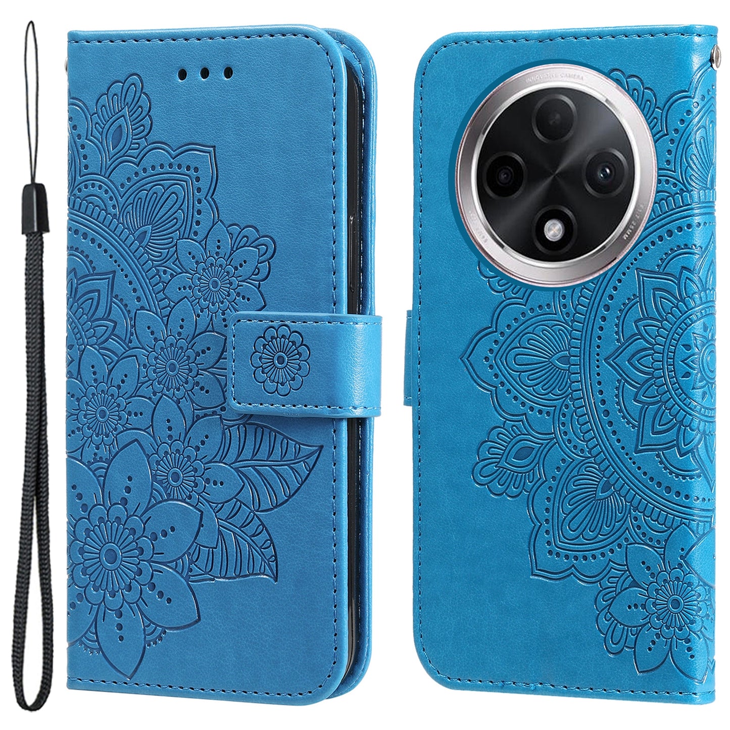 For Oppo A3 Pro 5G Wallet Case Flower Pattern PU Leather Phone Cover with Magnetic Clasp - Blue