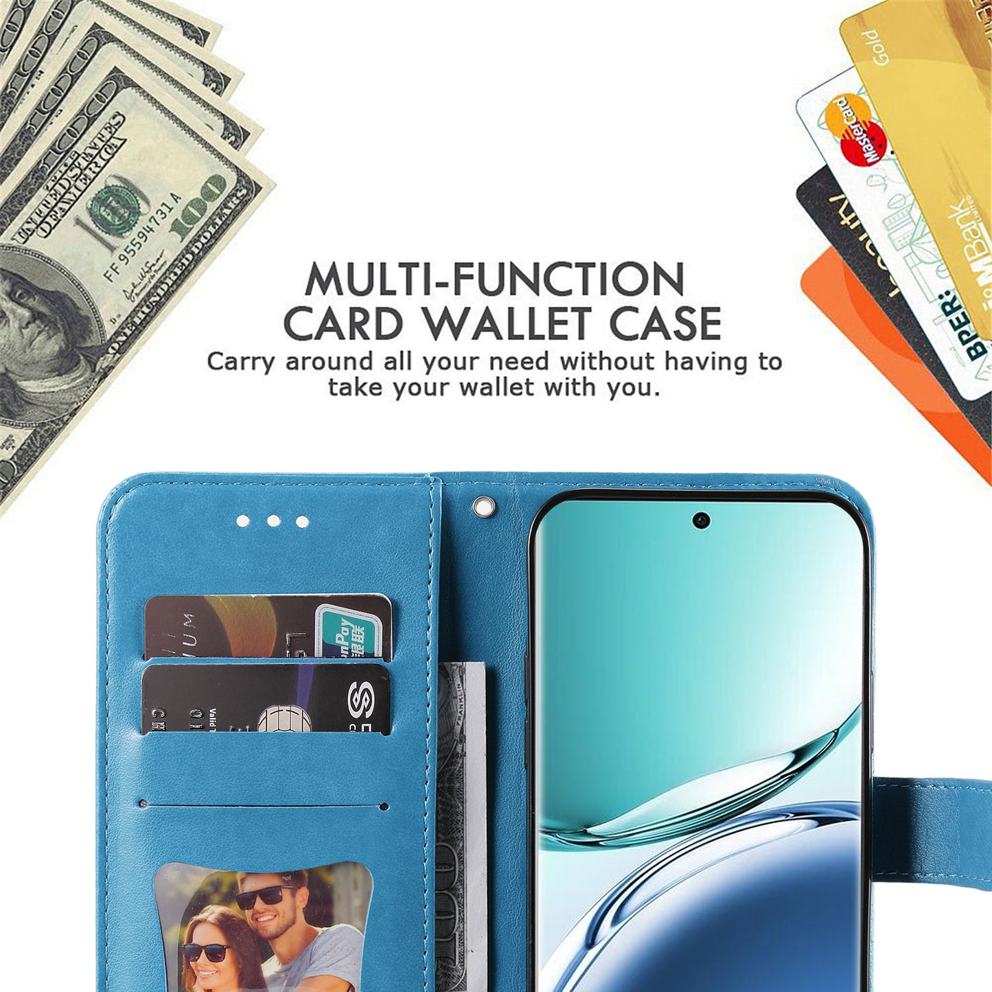 For Oppo A3 Pro 5G Wallet Case Flower Pattern PU Leather Phone Cover with Magnetic Clasp - Blue