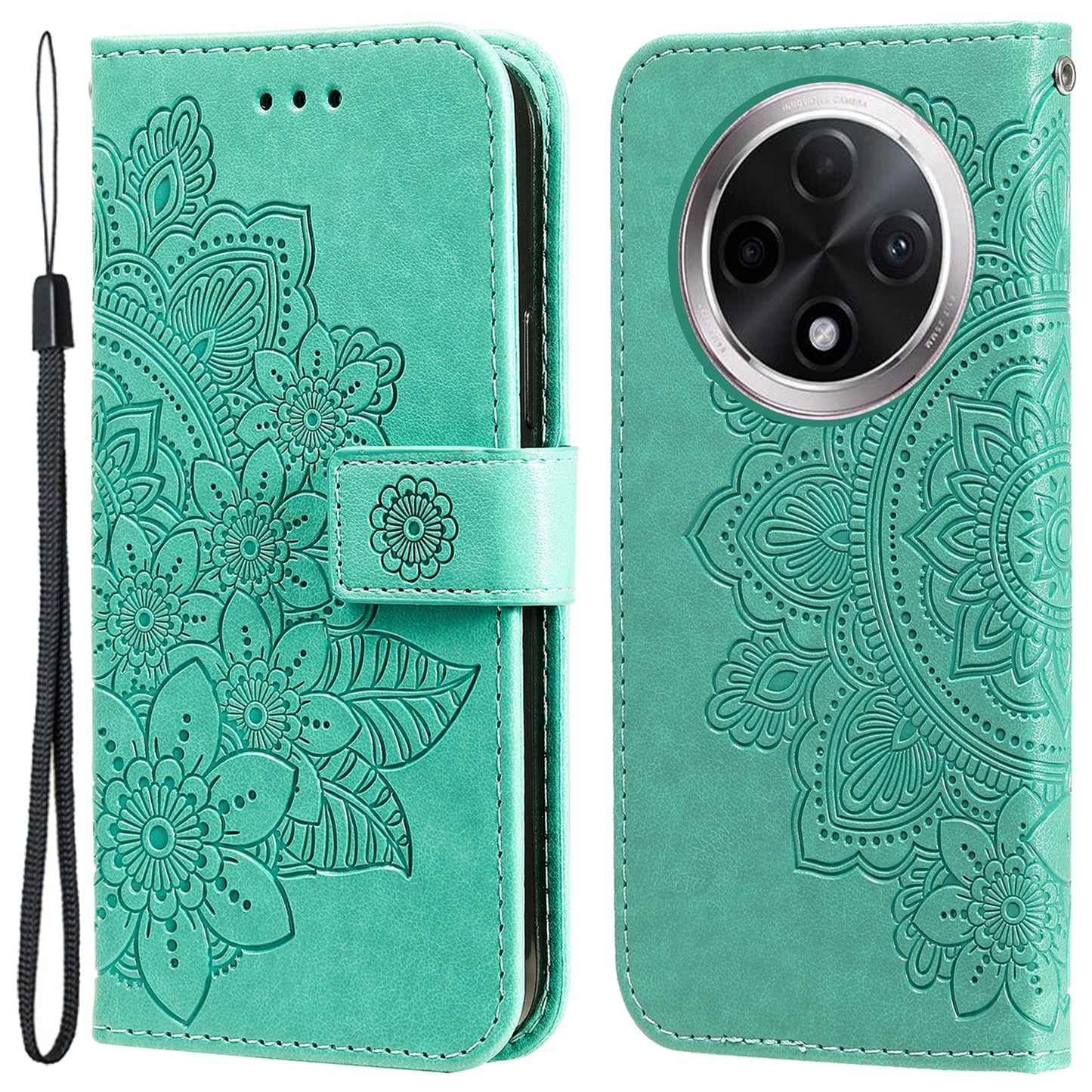 For Oppo A3 Pro 5G Wallet Case Flower Pattern PU Leather Phone Cover with Magnetic Clasp - Green