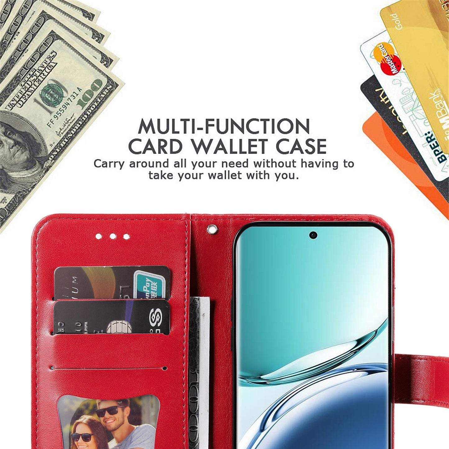 For Oppo A3 Pro 5G Wallet Case Flower Pattern PU Leather Phone Cover with Magnetic Clasp - Red