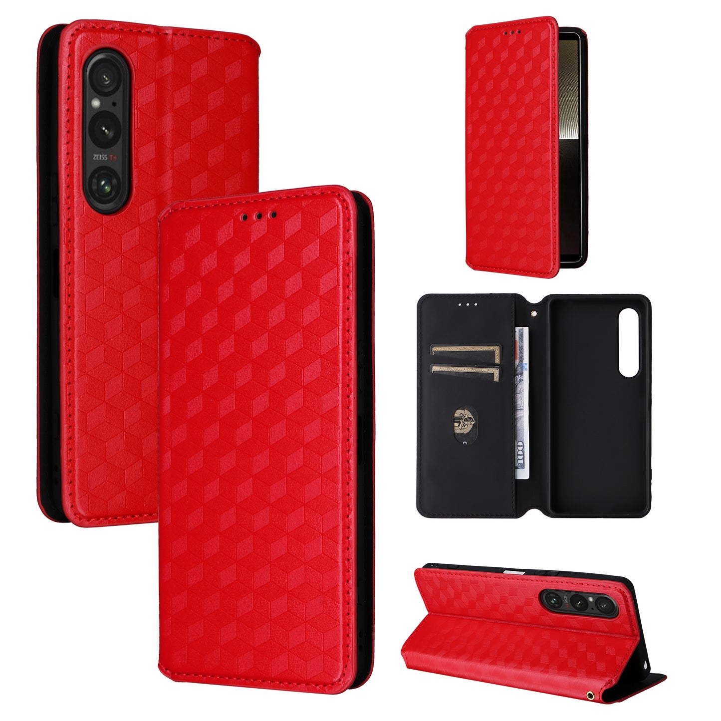 For Sony Xperia 1 VI Case Rhombus Pattern Magnetic Closing Leather Wallet Phone Cover - Red
