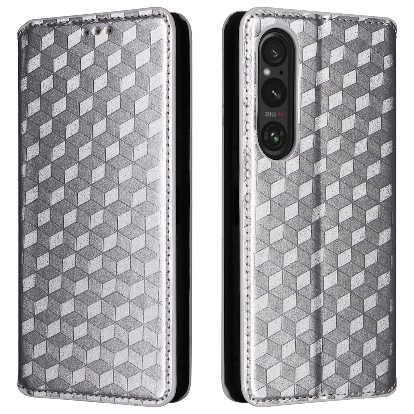 For Sony Xperia 1 VI Case Rhombus Pattern Magnetic Closing Leather Wallet Phone Cover - Silver