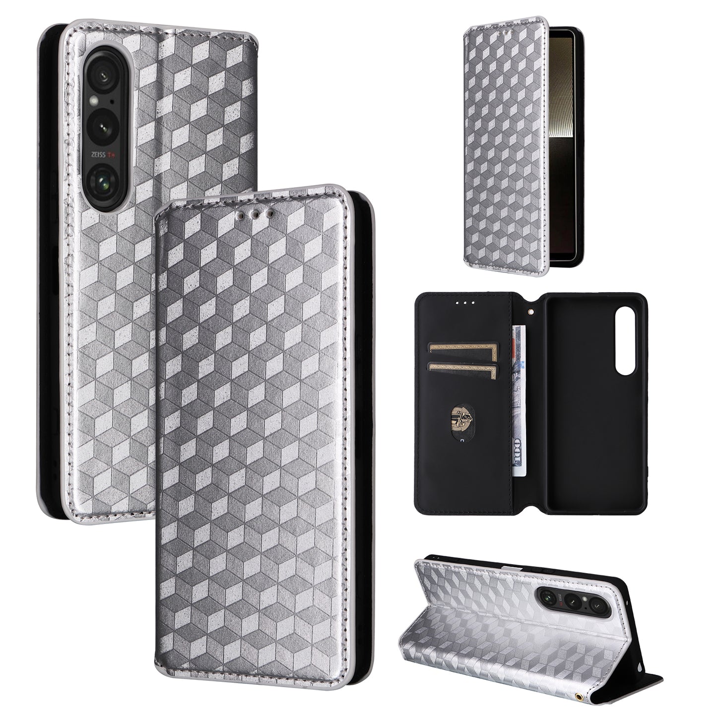 For Sony Xperia 1 VI Case Rhombus Pattern Magnetic Closing Leather Wallet Phone Cover - Silver