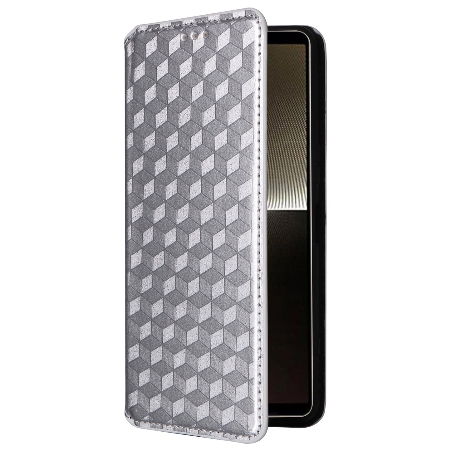 For Sony Xperia 1 VI Case Rhombus Pattern Magnetic Closing Leather Wallet Phone Cover - Silver