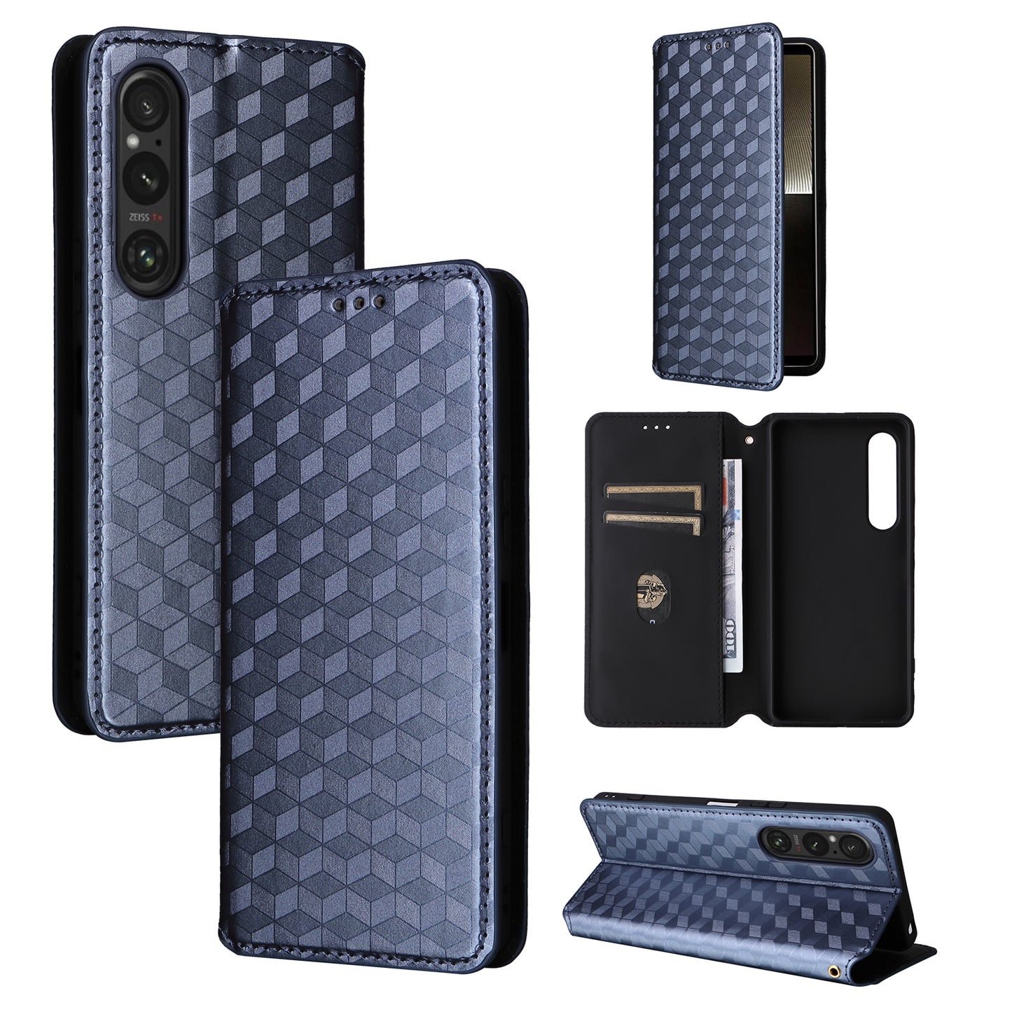 For Sony Xperia 1 VI Case Rhombus Pattern Magnetic Closing Leather Wallet Phone Cover - Blue