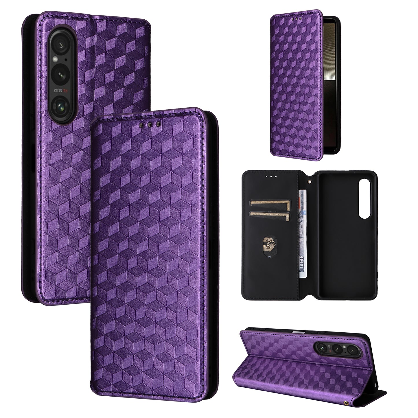 For Sony Xperia 1 VI Case Rhombus Pattern Magnetic Closing Leather Wallet Phone Cover - Purple