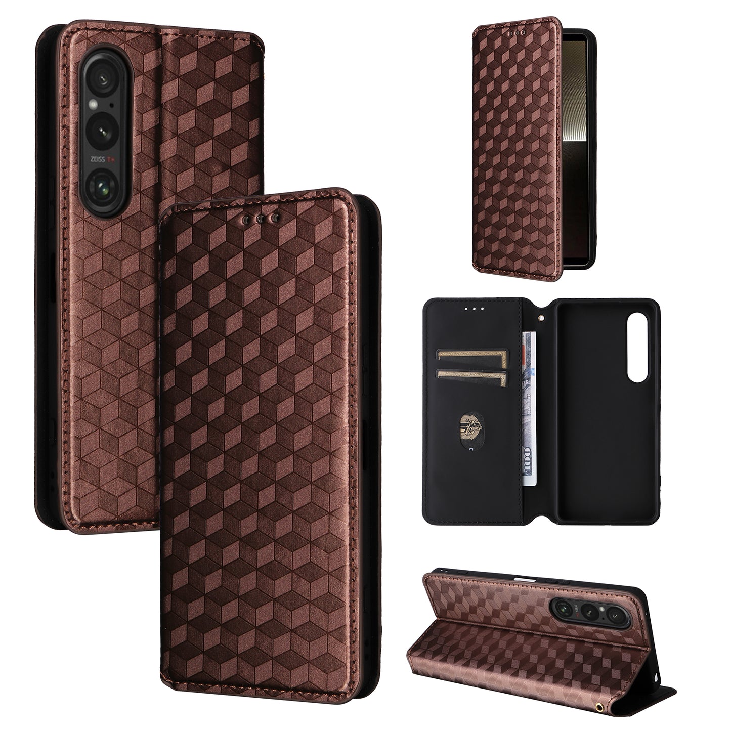 For Sony Xperia 1 VI Case Rhombus Pattern Magnetic Closing Leather Wallet Phone Cover - Brown