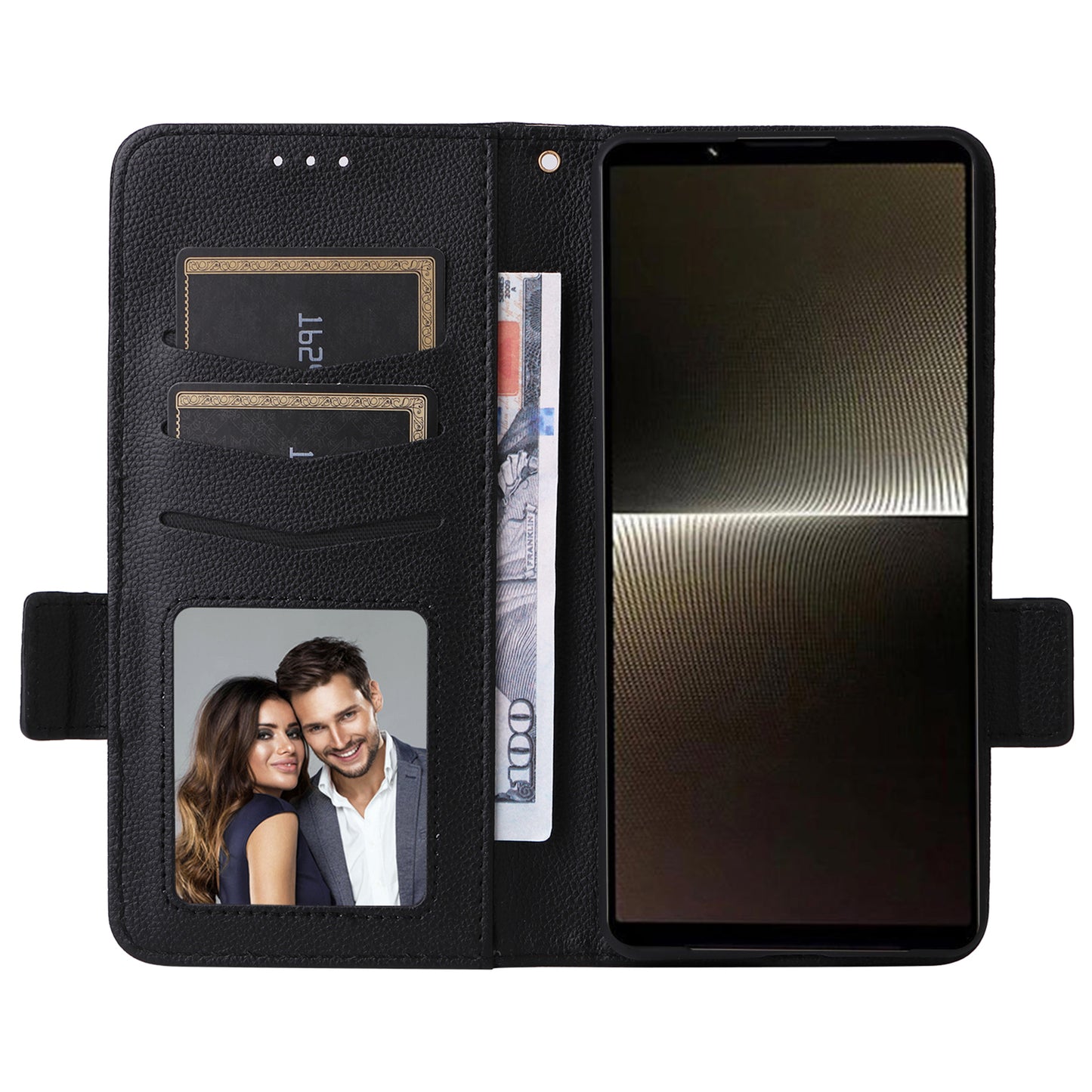 For Sony Xperia 1 VI Case with Hand Strap Litchi Texture Stand Phone Cover - Black