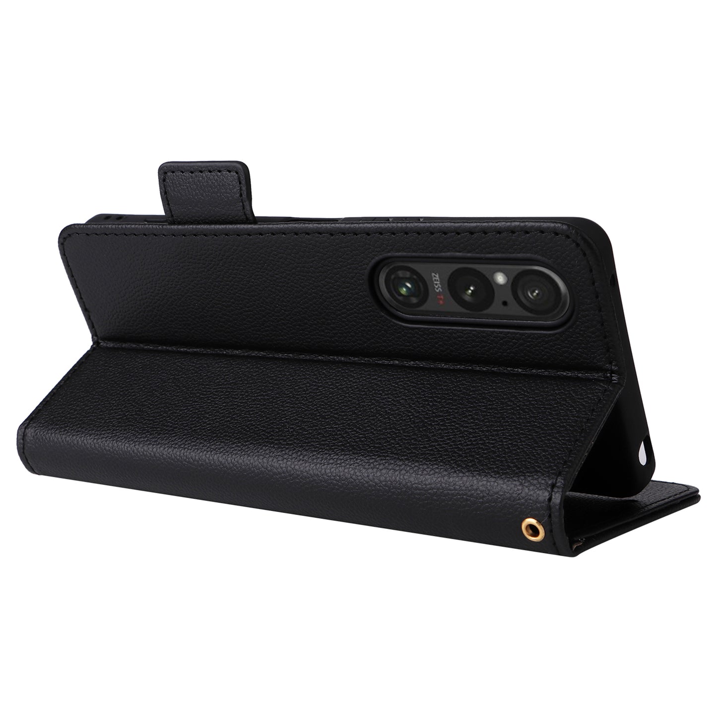 For Sony Xperia 1 VI Case with Hand Strap Litchi Texture Stand Phone Cover - Black