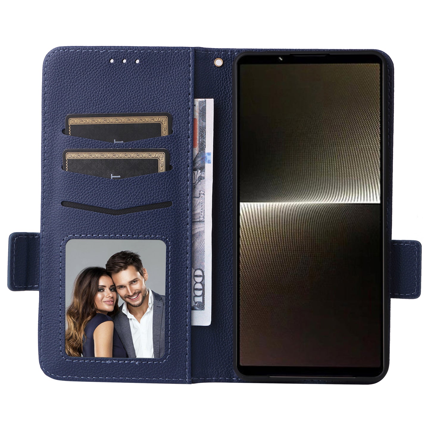 For Sony Xperia 1 VI Case with Hand Strap Litchi Texture Stand Phone Cover - Dark Blue