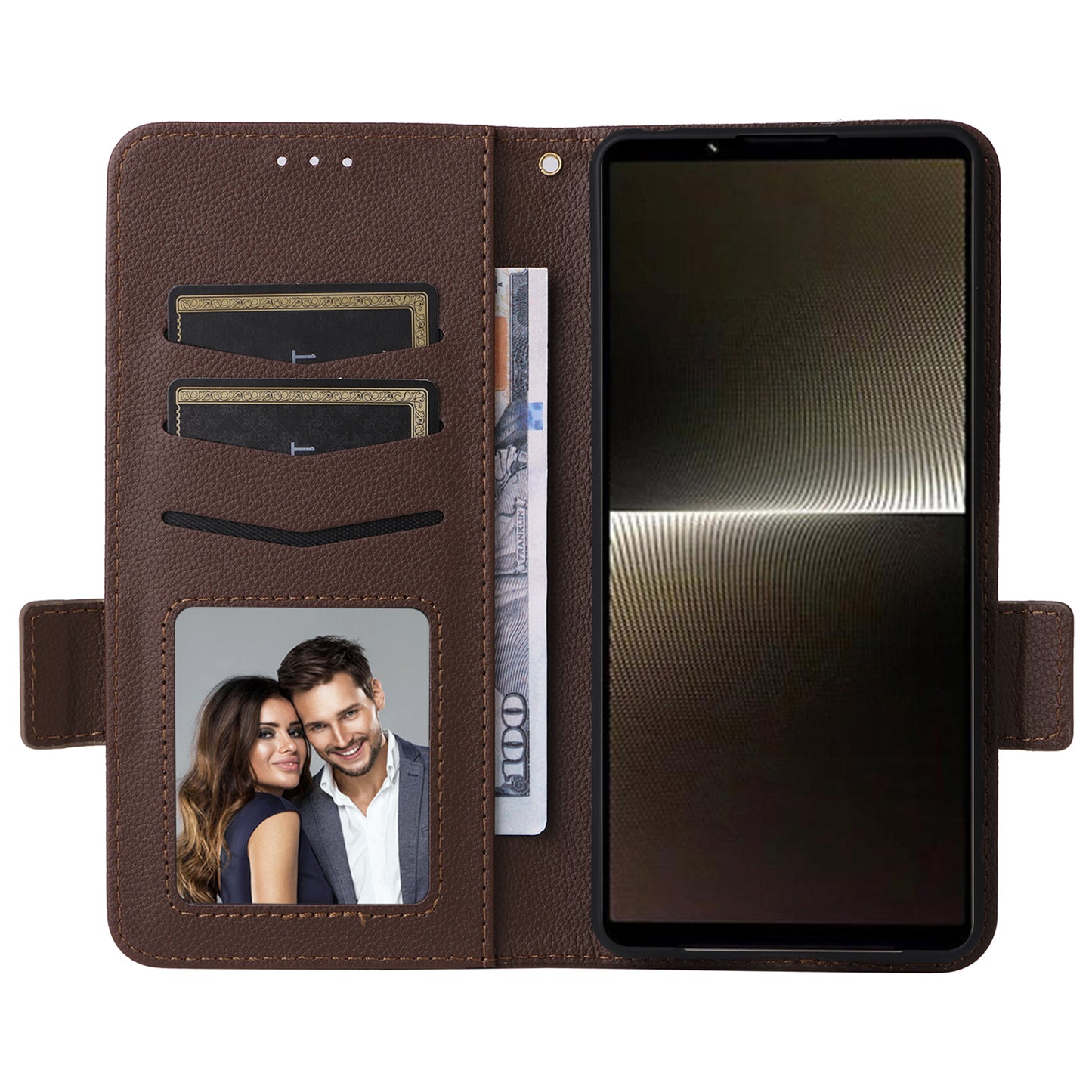 For Sony Xperia 1 VI Case with Hand Strap Litchi Texture Stand Phone Cover - Brown
