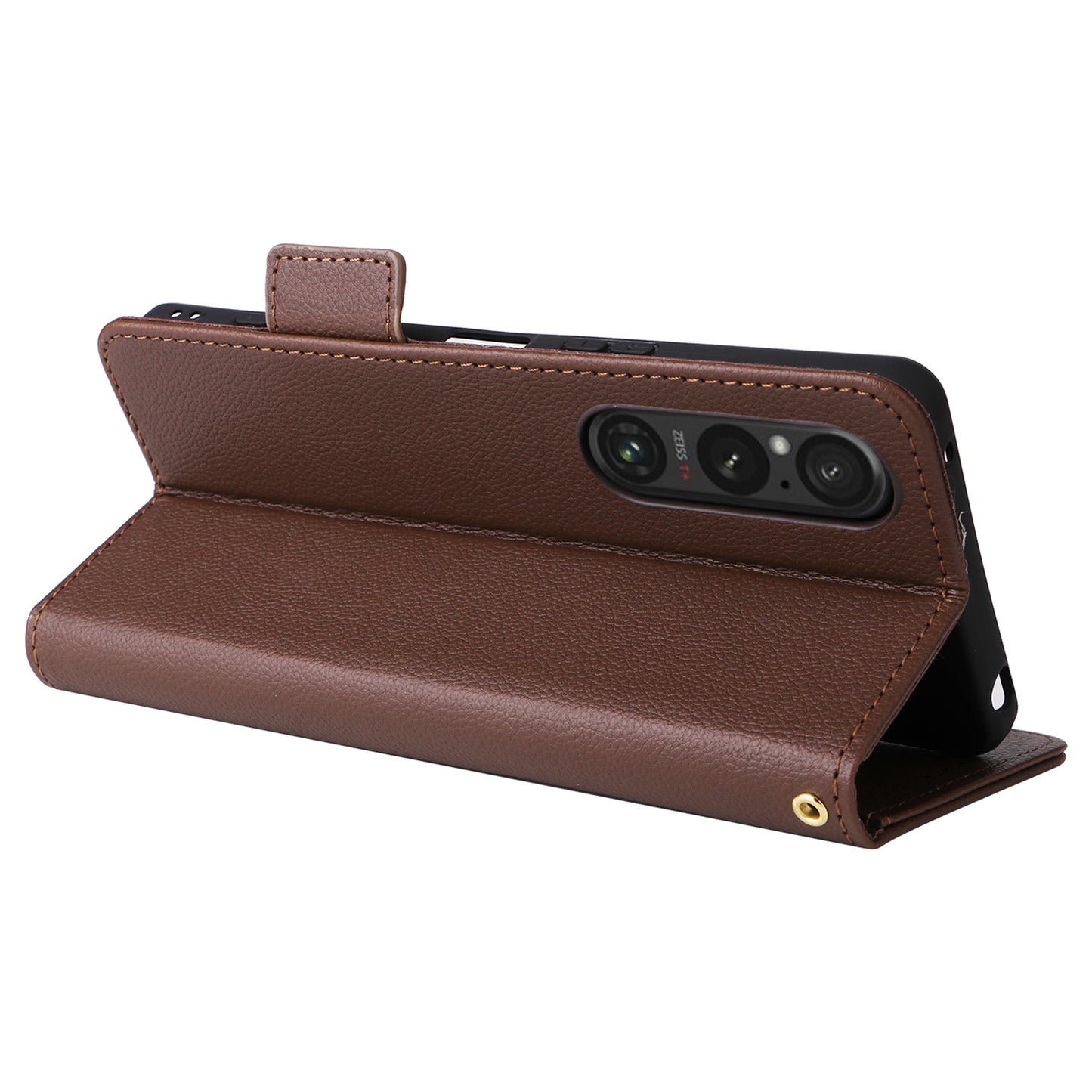 For Sony Xperia 1 VI Case with Hand Strap Litchi Texture Stand Phone Cover - Brown