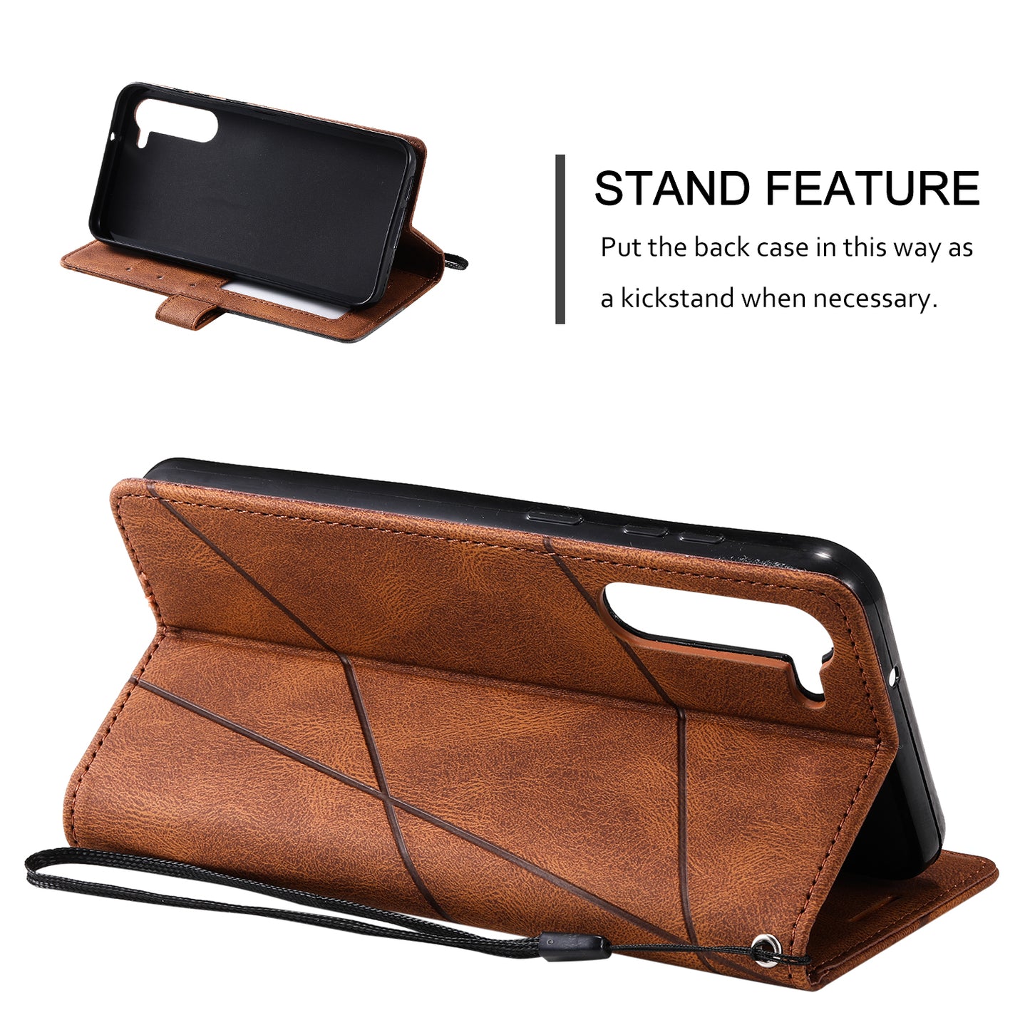 For Samsung Galaxy S23 Case Imprinted Lines Leather Cover with Wallet Stand - Brown