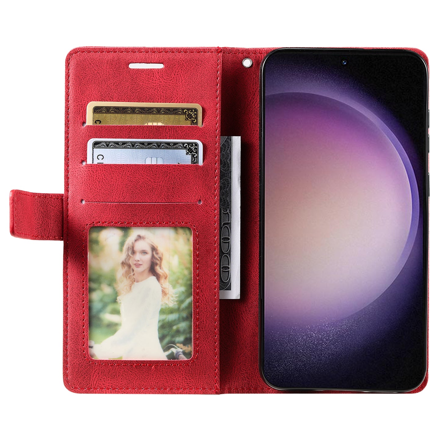 For Samsung Galaxy S23 Case Imprinted Lines Leather Cover with Wallet Stand - Red