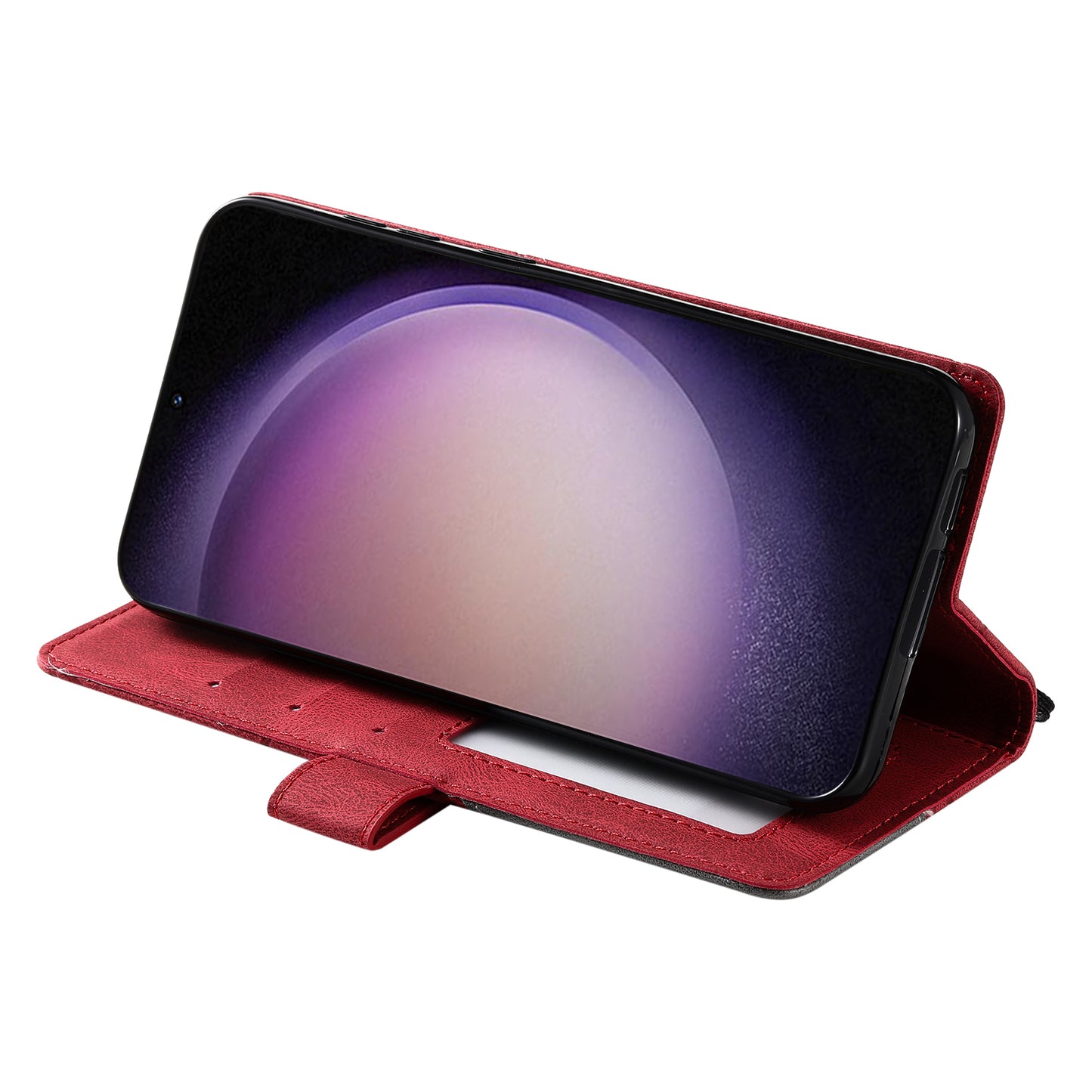 For Samsung Galaxy S23 Case Imprinted Lines Leather Cover with Wallet Stand - Red