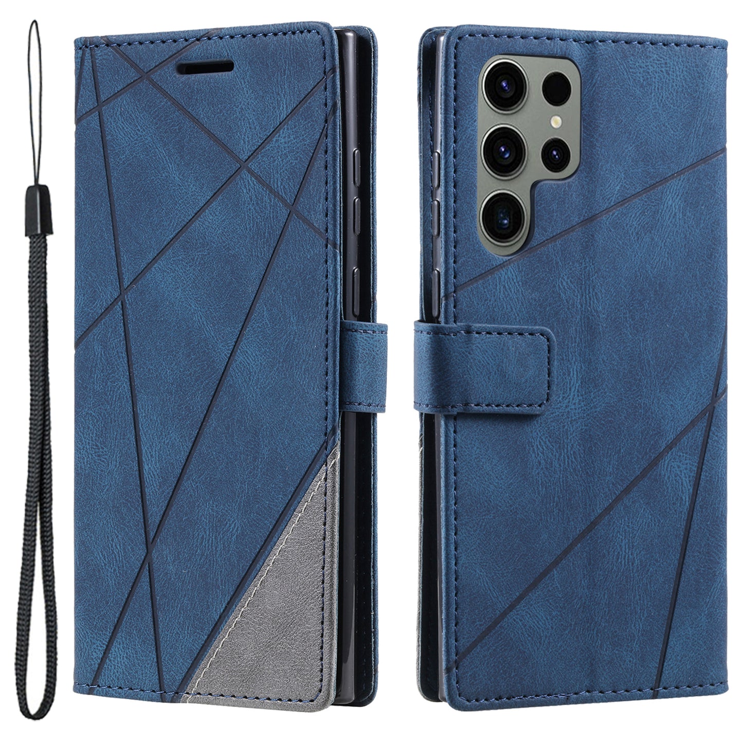 For Samsung Galaxy S23 Ultra Leather Case Skin-touch Splicing Phone Wallet Cover - Blue