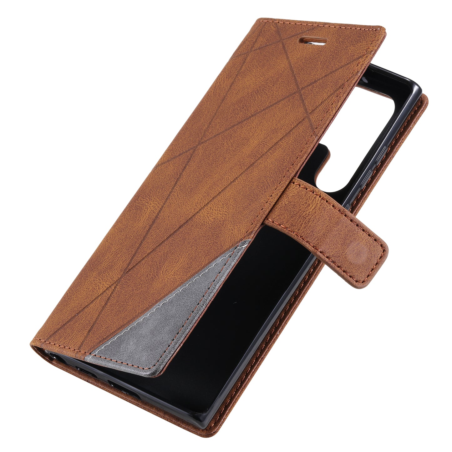 For Samsung Galaxy S23 Ultra Leather Case Skin-touch Splicing Phone Wallet Cover - Brown
