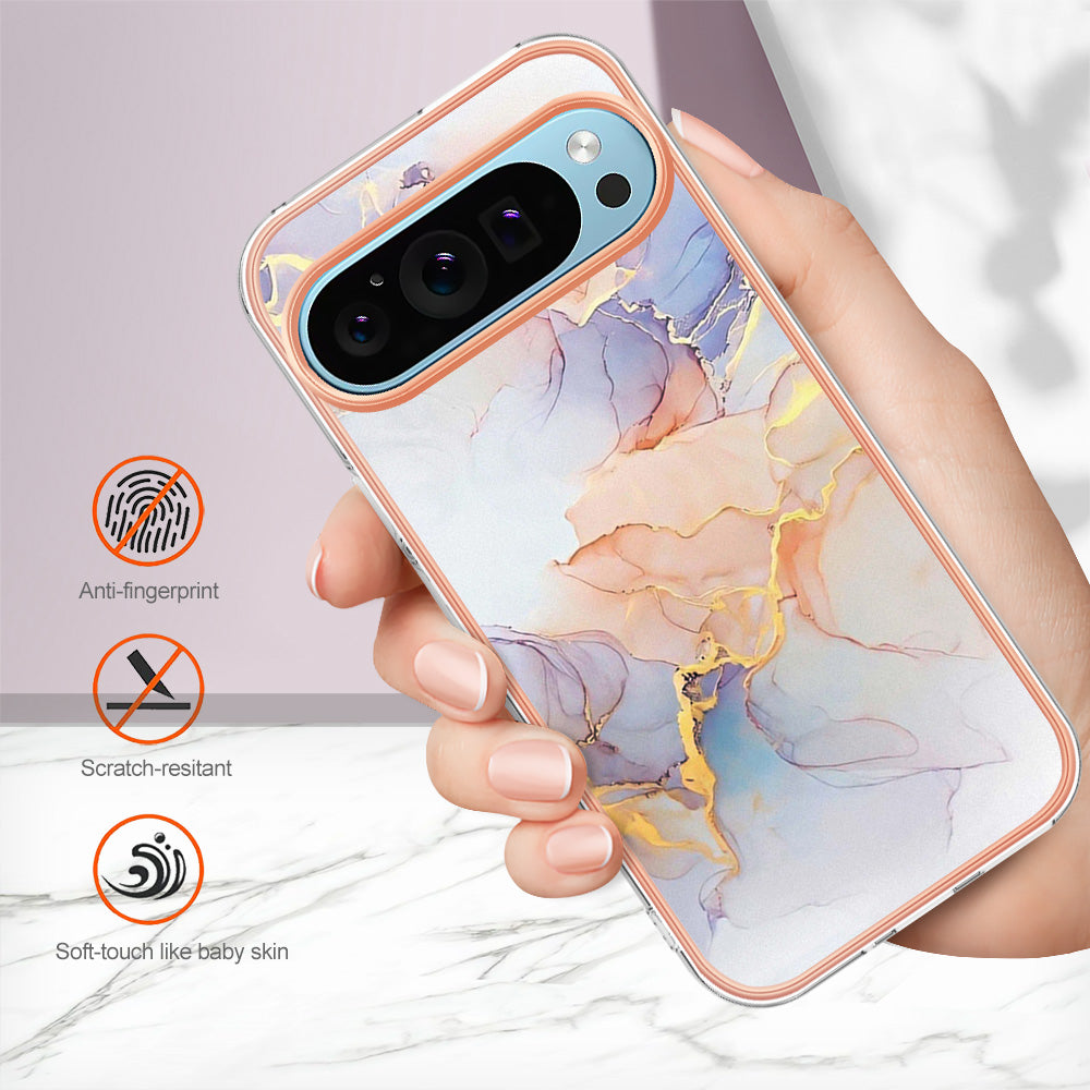 YB IMD Series-1 For Google Pixel 9 Case IMD TPU Phone Cover Electroplating Edge - Milky Way Marble White