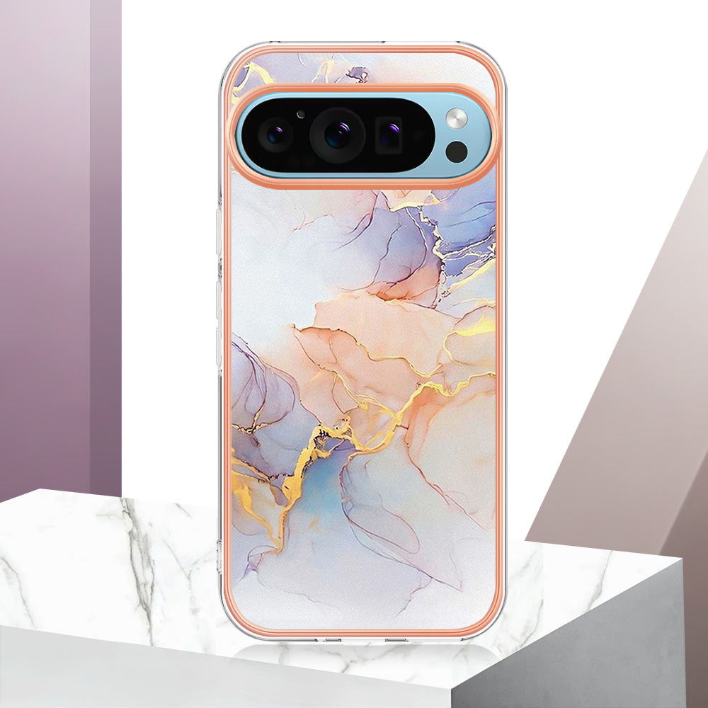 YB IMD Series-1 For Google Pixel 9 Case IMD TPU Phone Cover Electroplating Edge - Milky Way Marble White