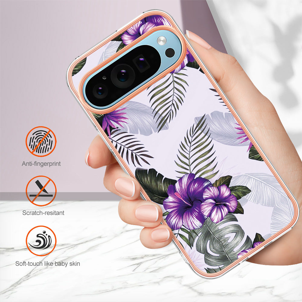 YB IMD Series-1 For Google Pixel 9 Case IMD TPU Phone Cover Electroplating Edge - Purple Flower