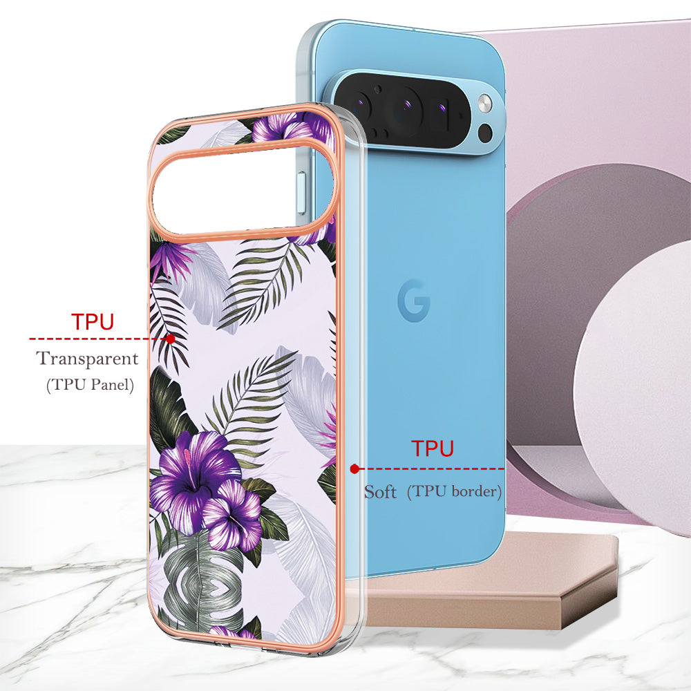 YB IMD Series-1 For Google Pixel 9 Case IMD TPU Phone Cover Electroplating Edge - Purple Flower