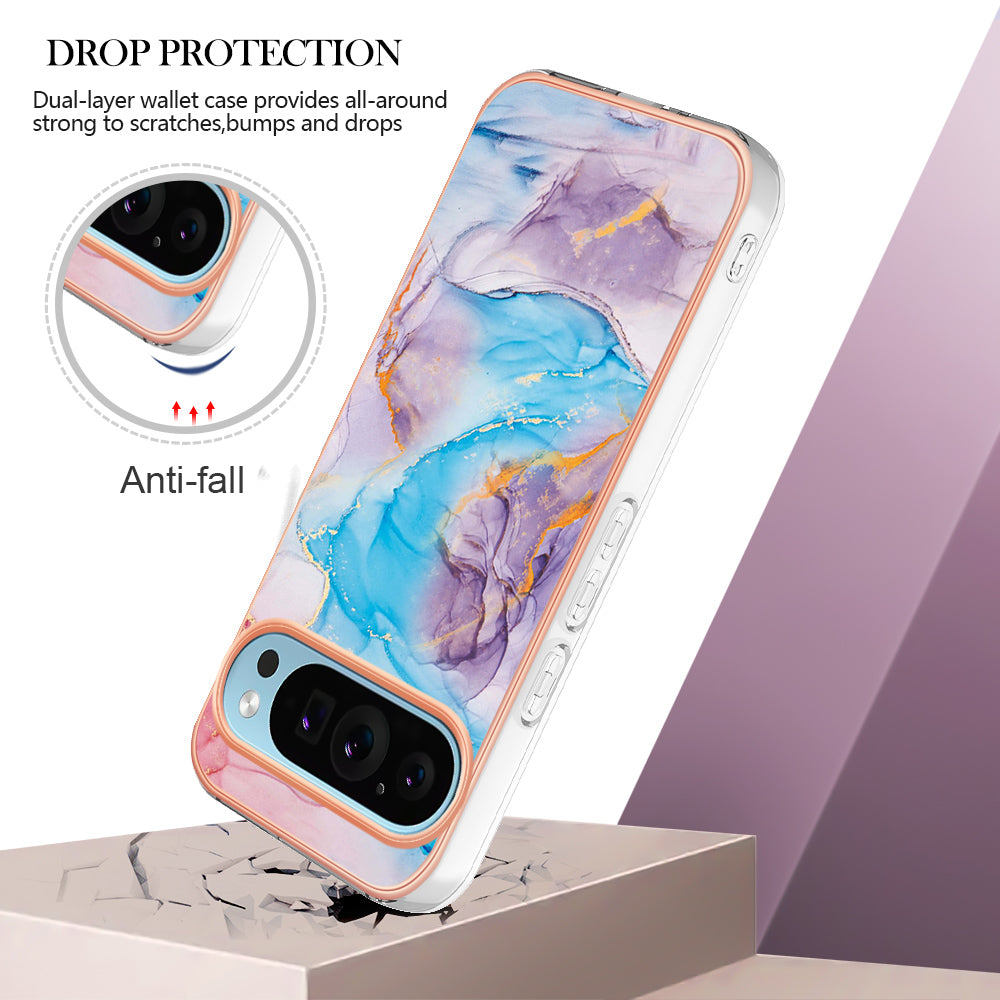 YB IMD Series-1 For Google Pixel 9 Case IMD TPU Phone Cover Electroplating Edge - Milky Way Marble Blue