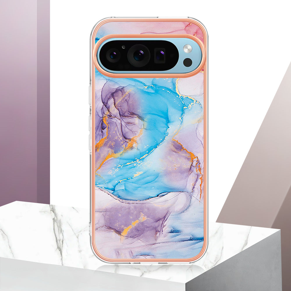 YB IMD Series-1 For Google Pixel 9 Case IMD TPU Phone Cover Electroplating Edge - Milky Way Marble Blue