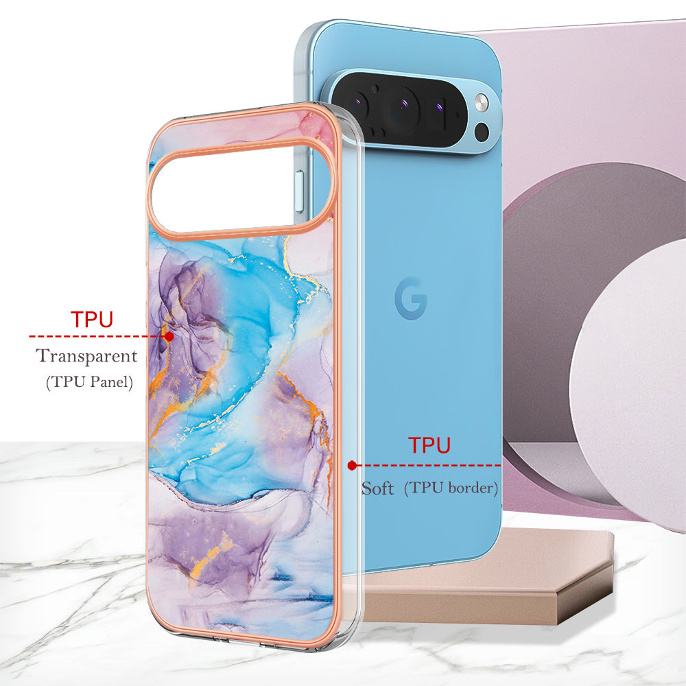 YB IMD Series-1 For Google Pixel 9 Case IMD TPU Phone Cover Electroplating Edge - Milky Way Marble Blue