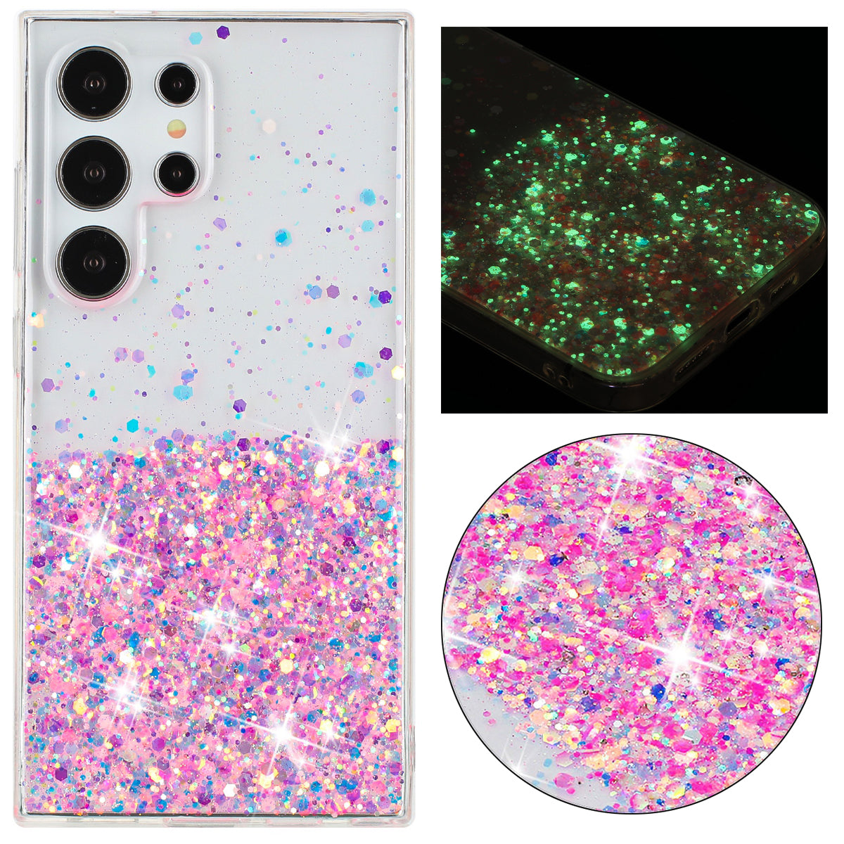 For Samsung Galaxy S24 Ultra Case Epoxy Sparkle Sequins Luminous TPU Phone Cover - Pink