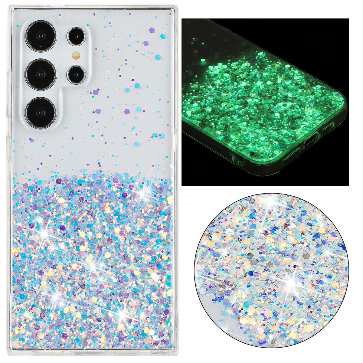 For Samsung Galaxy S23 Ultra Case Epoxy Glitter Sparkle Luminous TPU Phone Cover - White