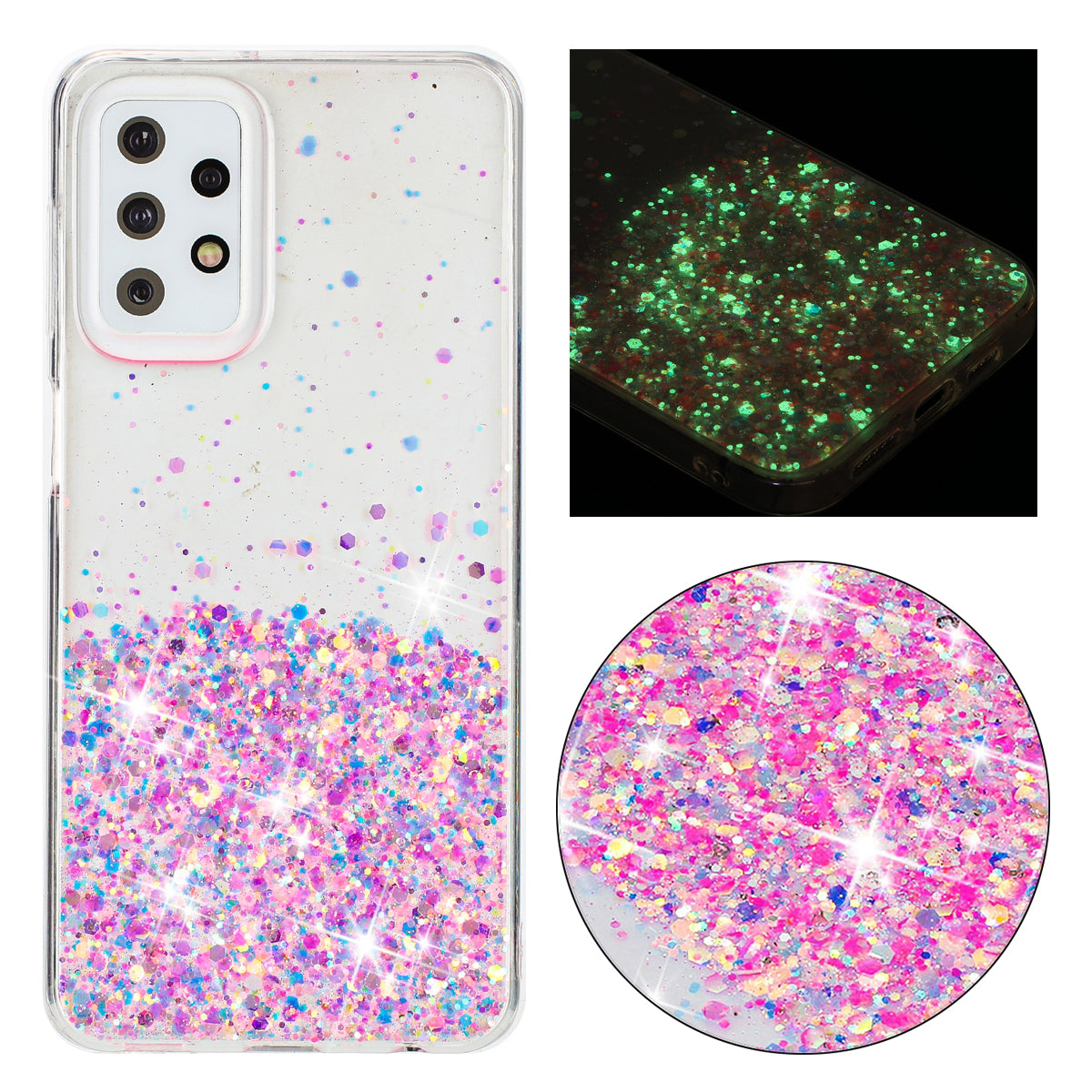 For Samsung Galaxy A23 4G / A23 5G (Global Version) Glow In The Dark Epoxy TPU Glitter Sparkle Phone Cover - Pink