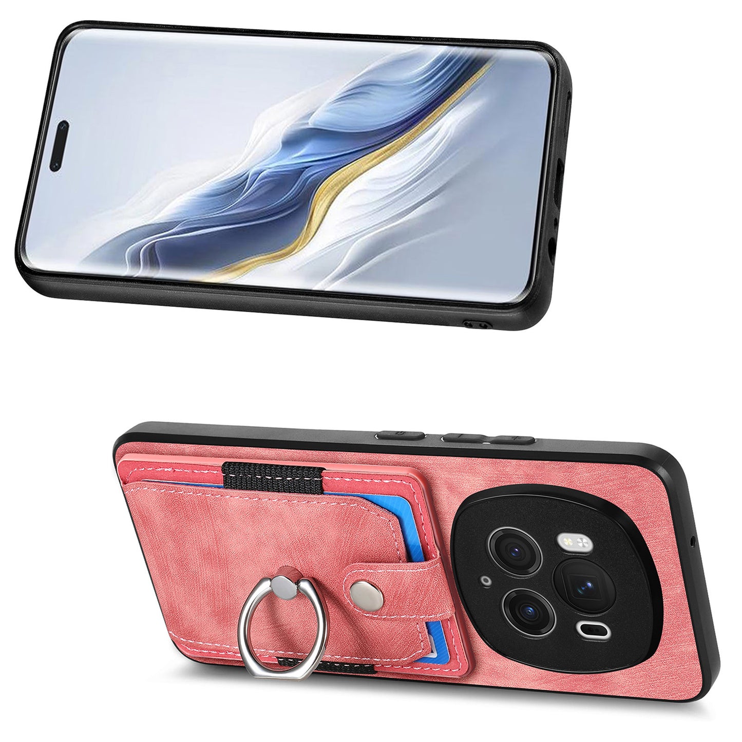 D2 for Honor Magic6 Pro 5G Case Card Slots Retro Leather Coated TPU Kickstand Cover - Pink