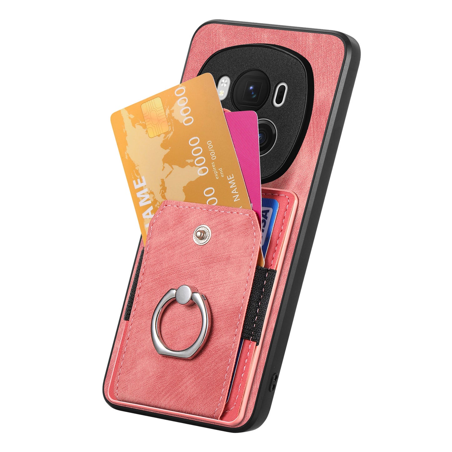 D2 for Honor Magic6 Pro 5G Case Card Slots Retro Leather Coated TPU Kickstand Cover - Pink