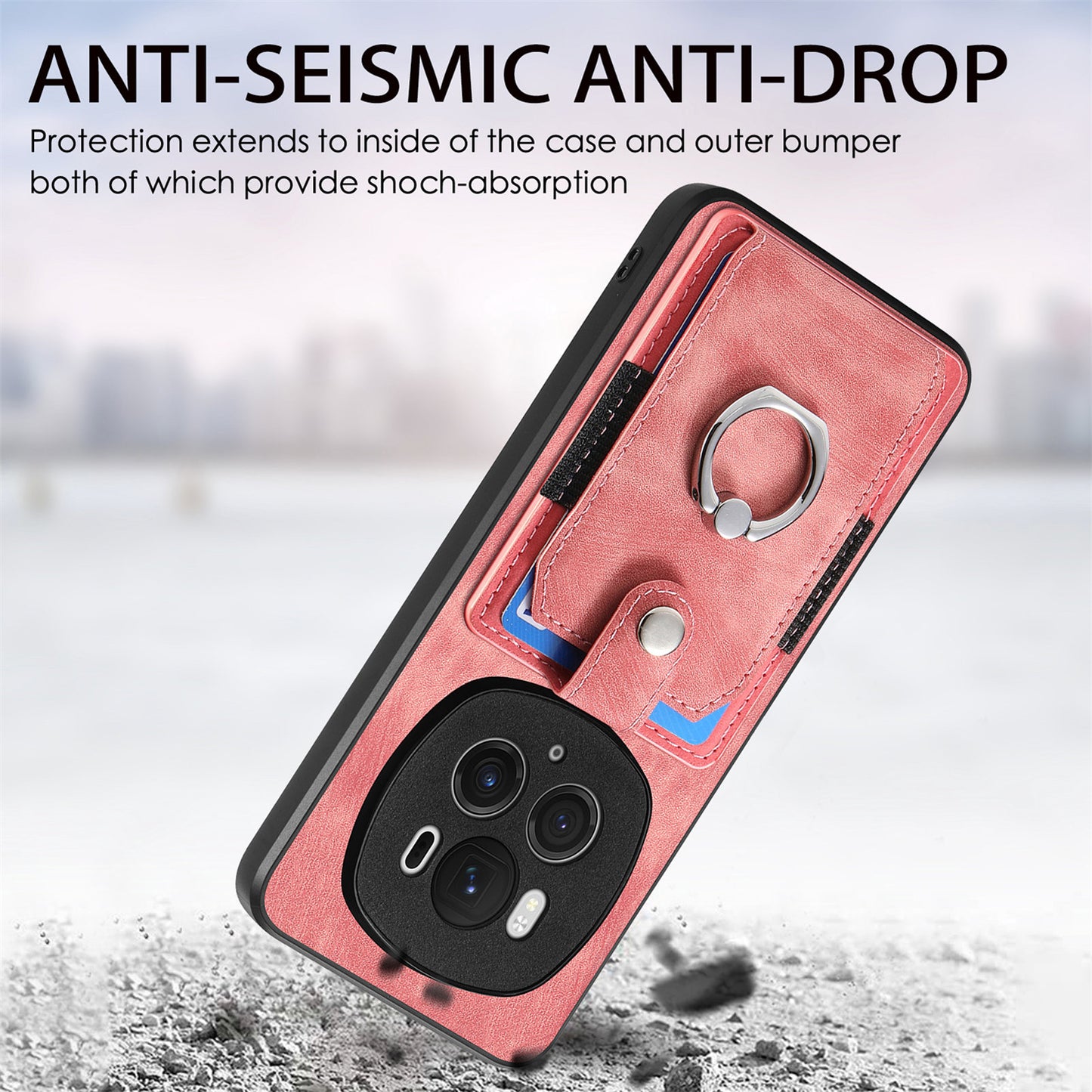 D2 for Honor Magic6 Pro 5G Case Card Slots Retro Leather Coated TPU Kickstand Cover - Pink