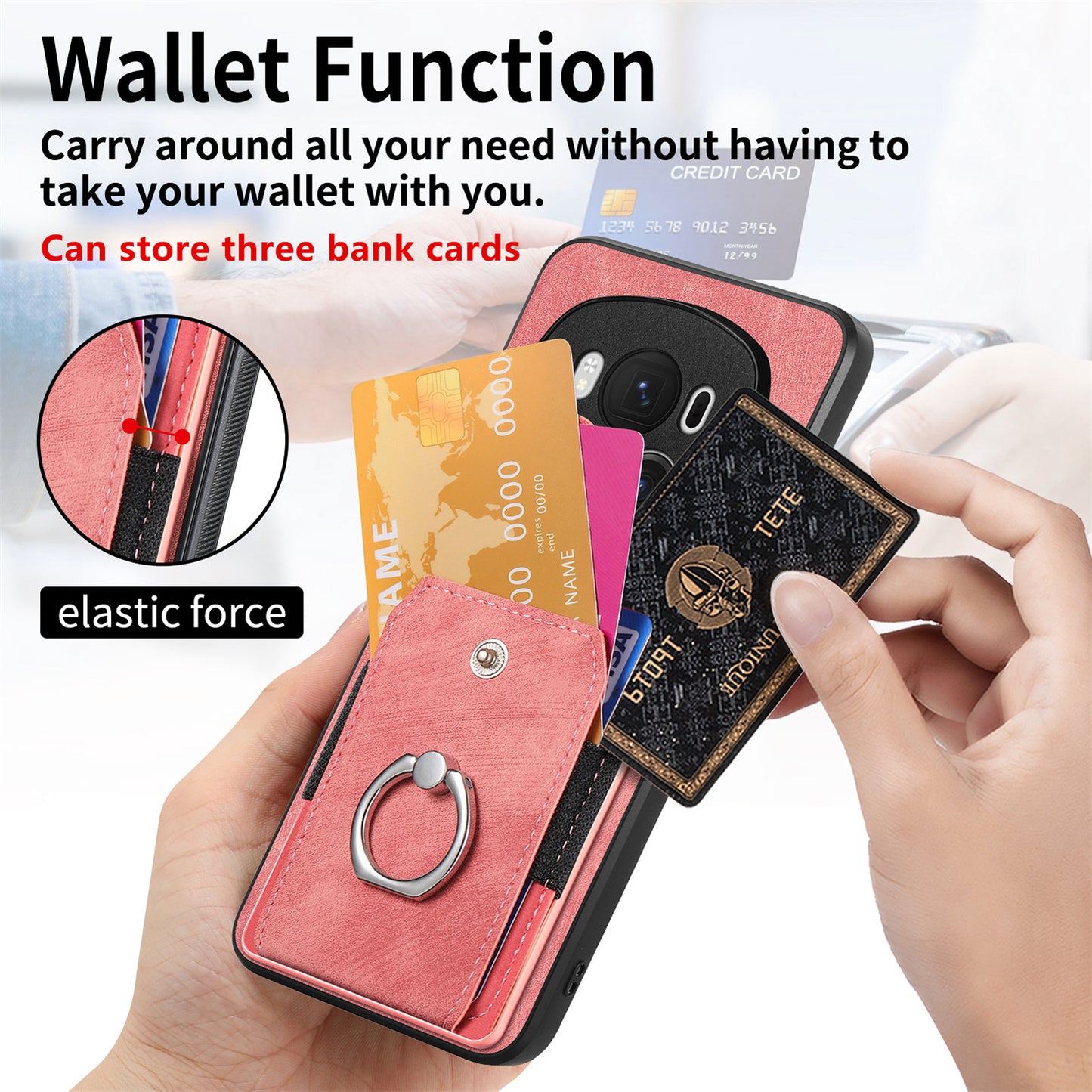 D2 for Honor Magic6 Pro 5G Case Card Slots Retro Leather Coated TPU Kickstand Cover - Pink