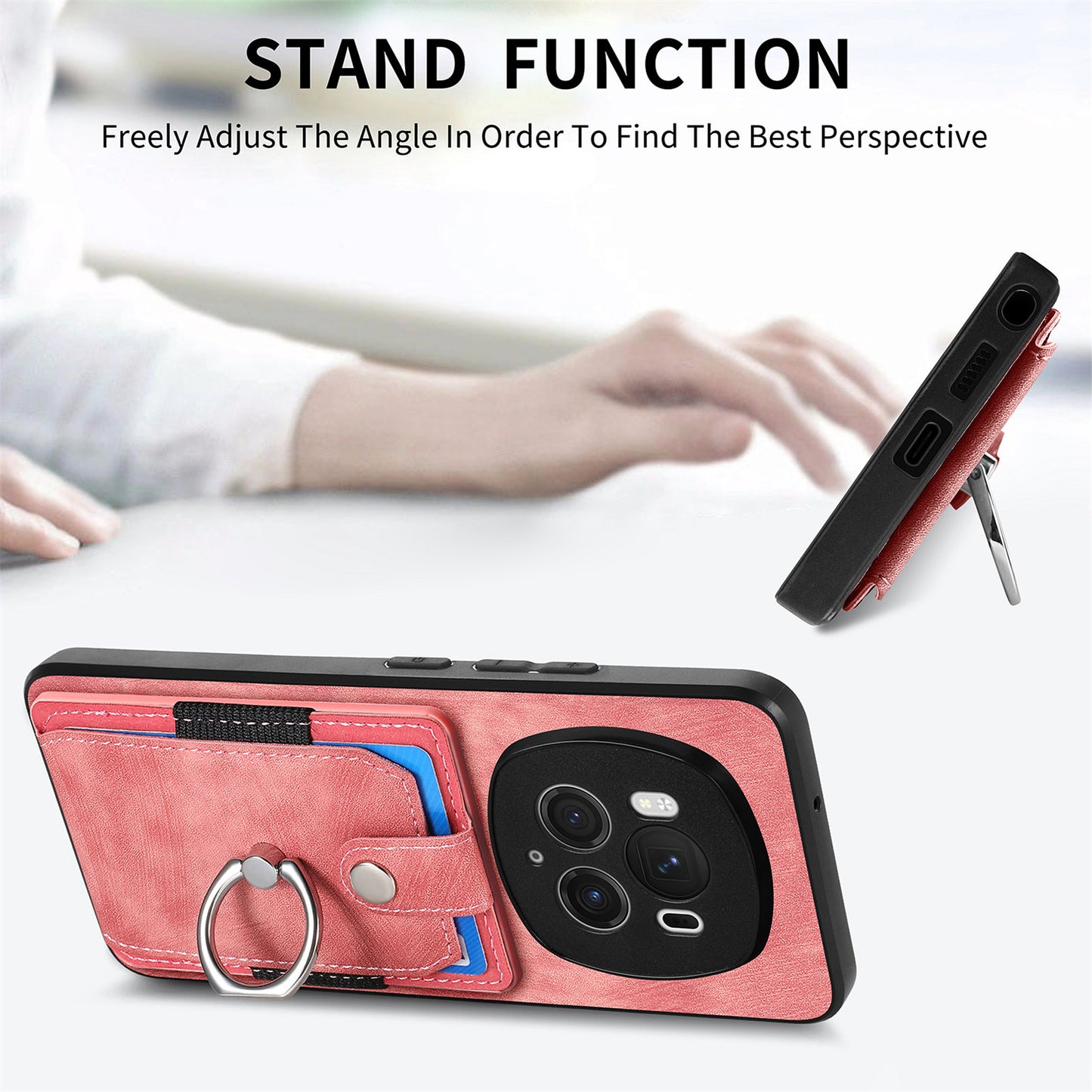 D2 for Honor Magic6 Pro 5G Case Card Slots Retro Leather Coated TPU Kickstand Cover - Pink