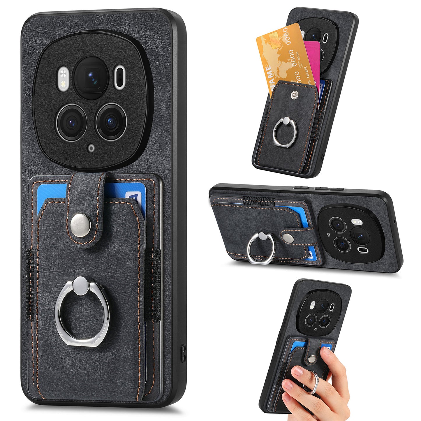 D2 for Honor Magic6 Pro 5G Case Card Slots Retro Leather Coated TPU Kickstand Cover - Black