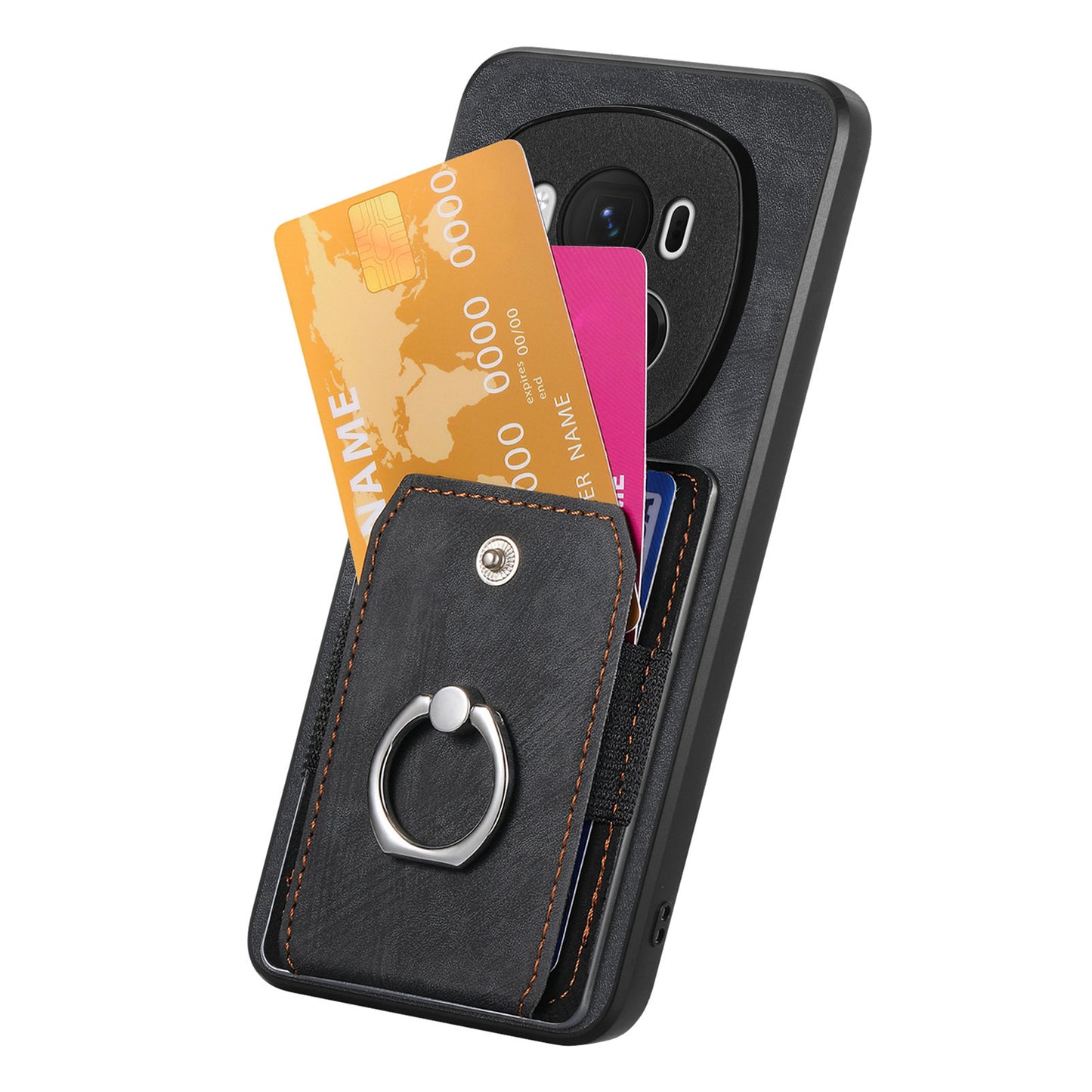 D2 for Honor Magic6 Pro 5G Case Card Slots Retro Leather Coated TPU Kickstand Cover - Black