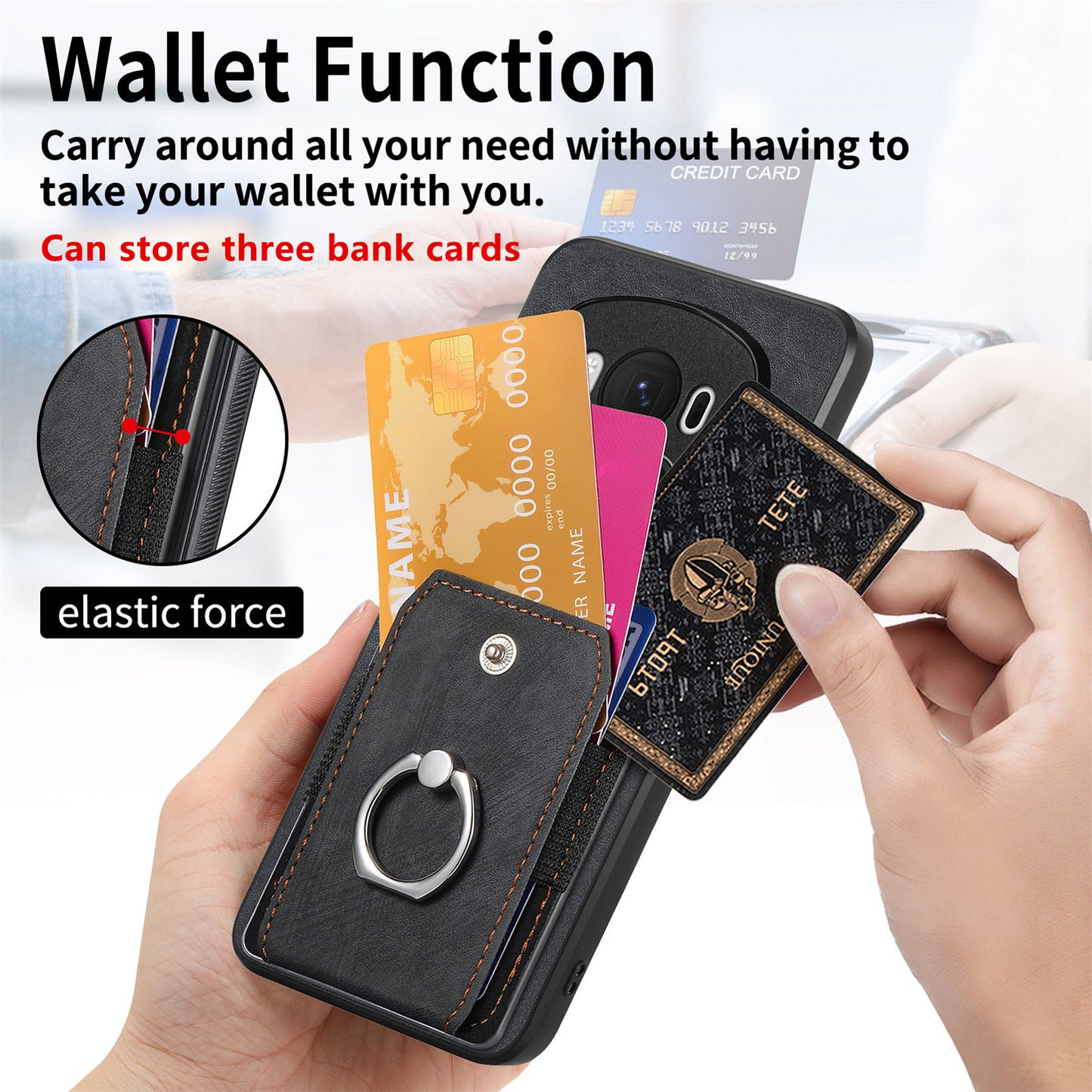 D2 for Honor Magic6 Pro 5G Case Card Slots Retro Leather Coated TPU Kickstand Cover - Black