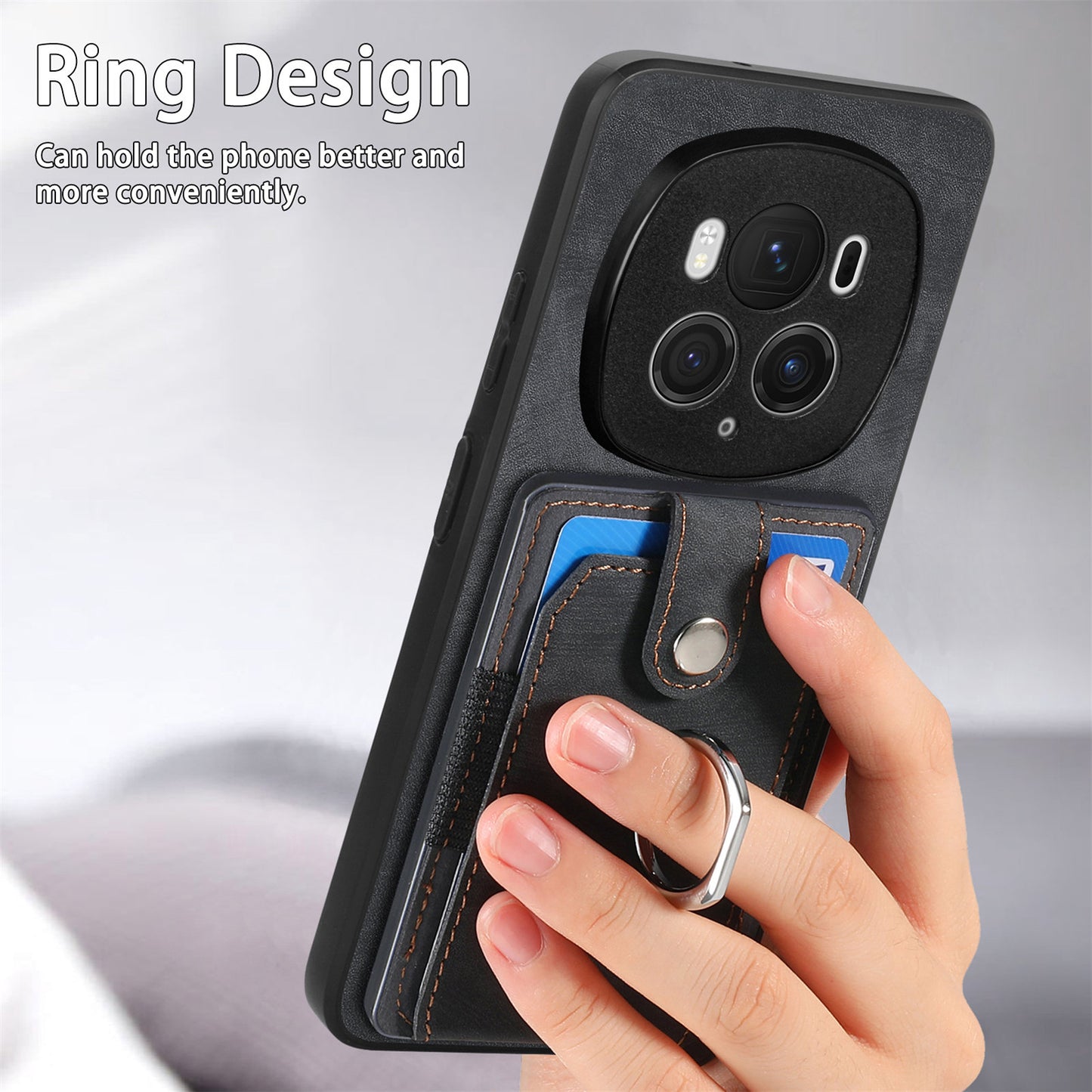 D2 for Honor Magic6 Pro 5G Case Card Slots Retro Leather Coated TPU Kickstand Cover - Black