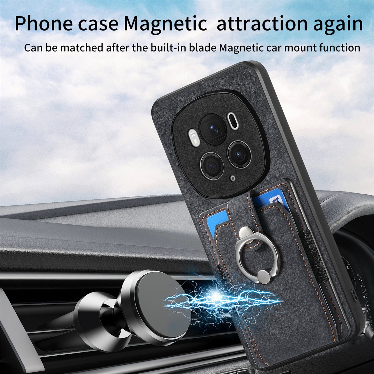 D2 for Honor Magic6 Pro 5G Case Card Slots Retro Leather Coated TPU Kickstand Cover - Black